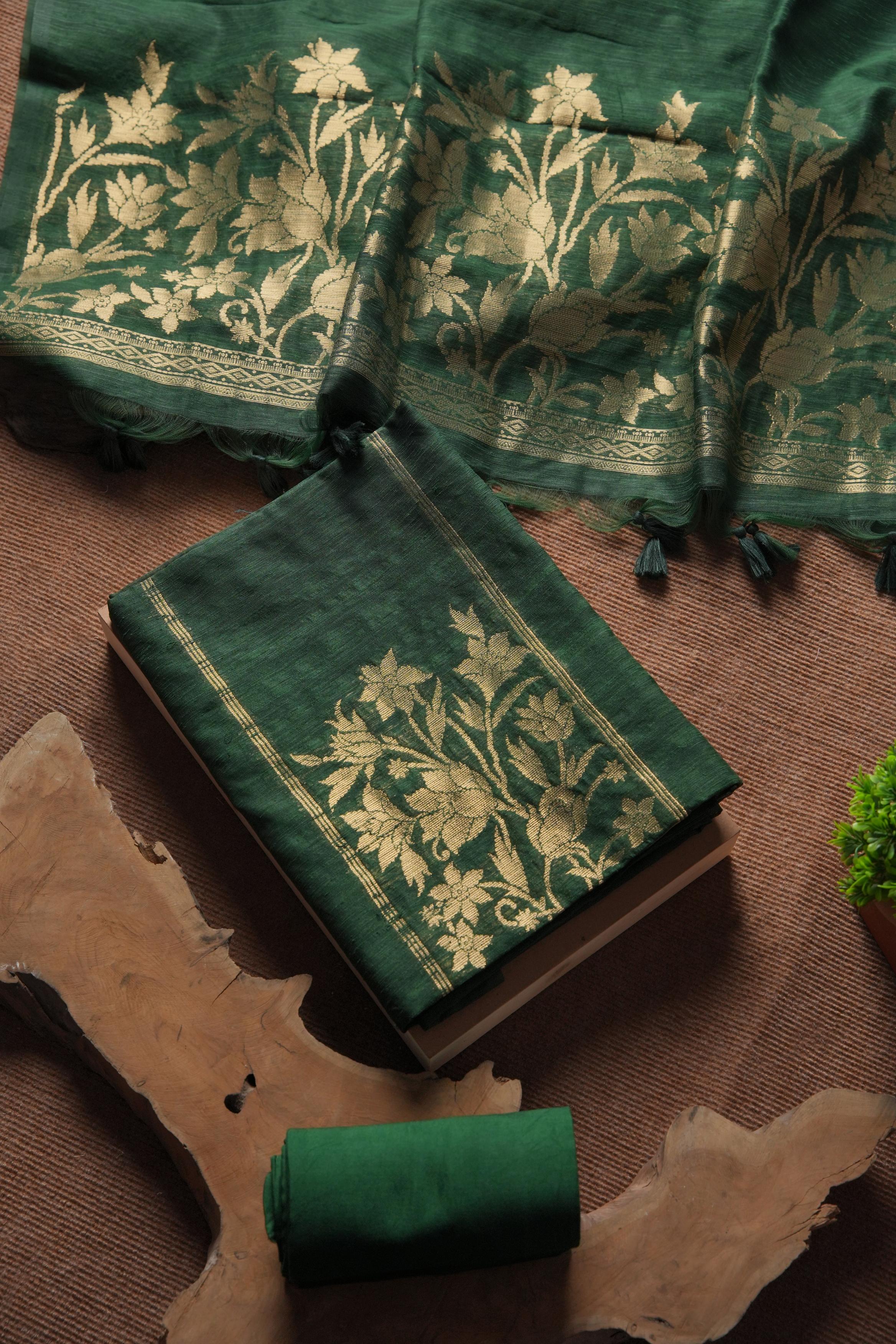 Linen Muslin Golden Zari Unstitched Suit-Dark Green
