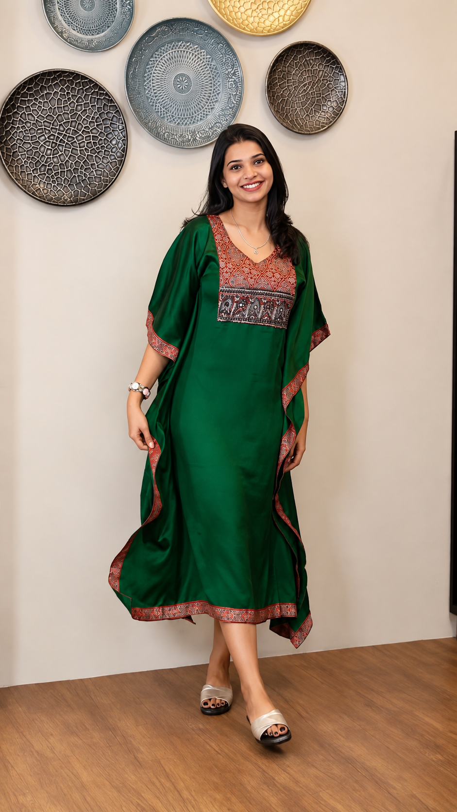 Ajrakh Inspired Modal Silk Kaftan - GREEN