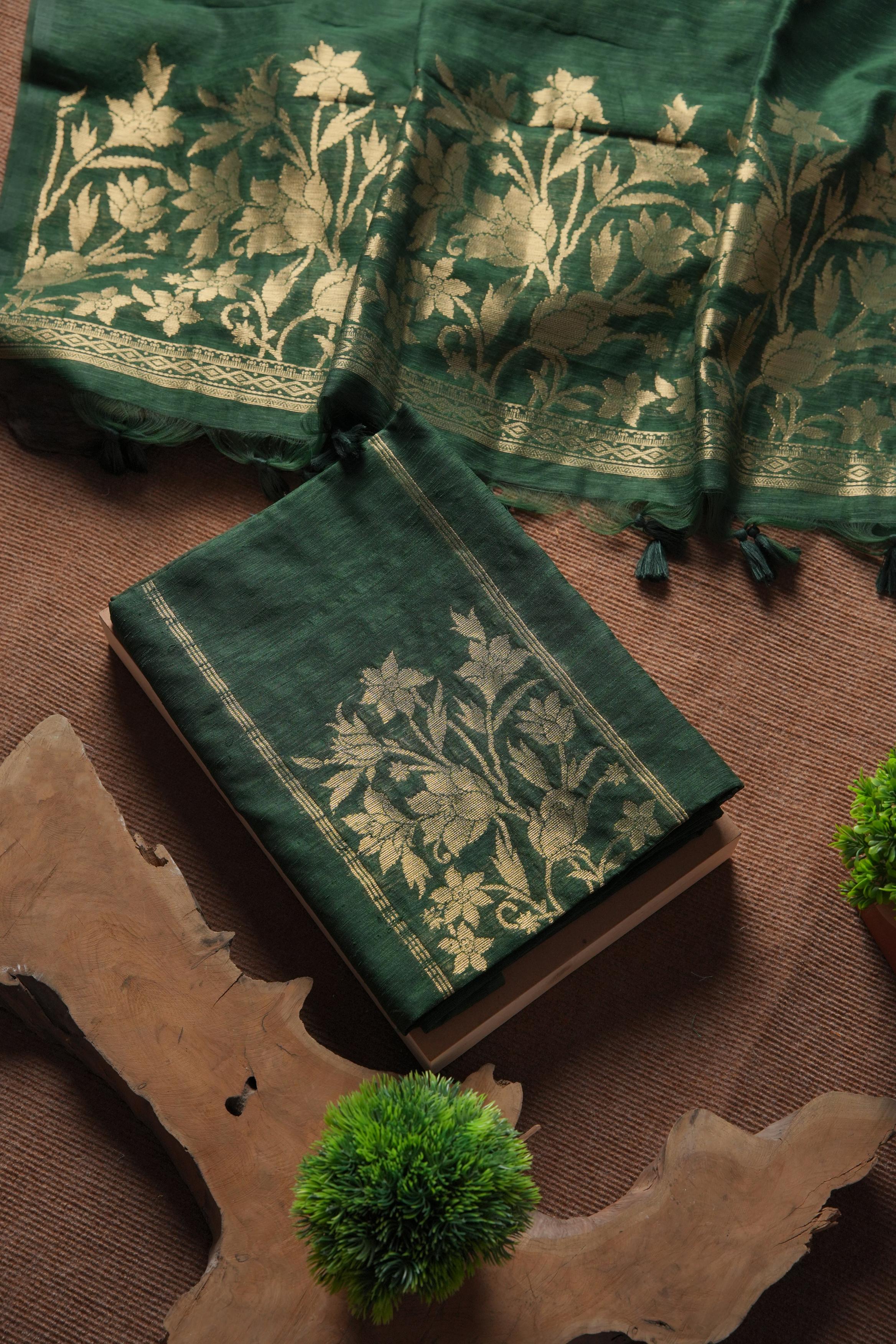 Linen Muslin Golden Zari Unstitched Suit-Dark Green