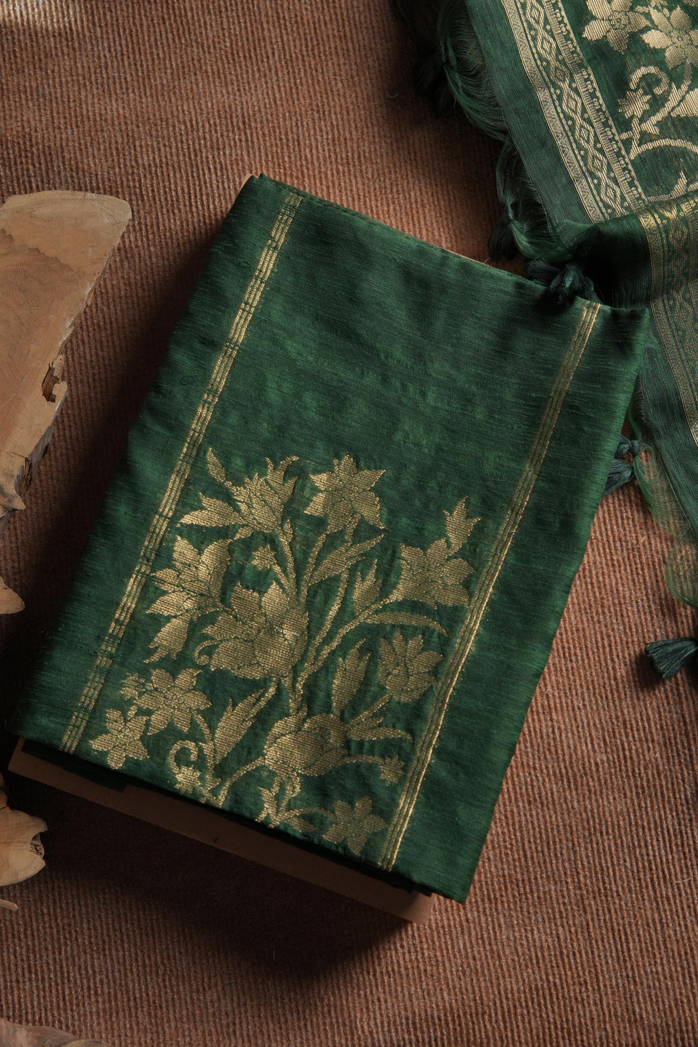 Linen Muslin Golden Zari Unstitched Suit-Dark Green