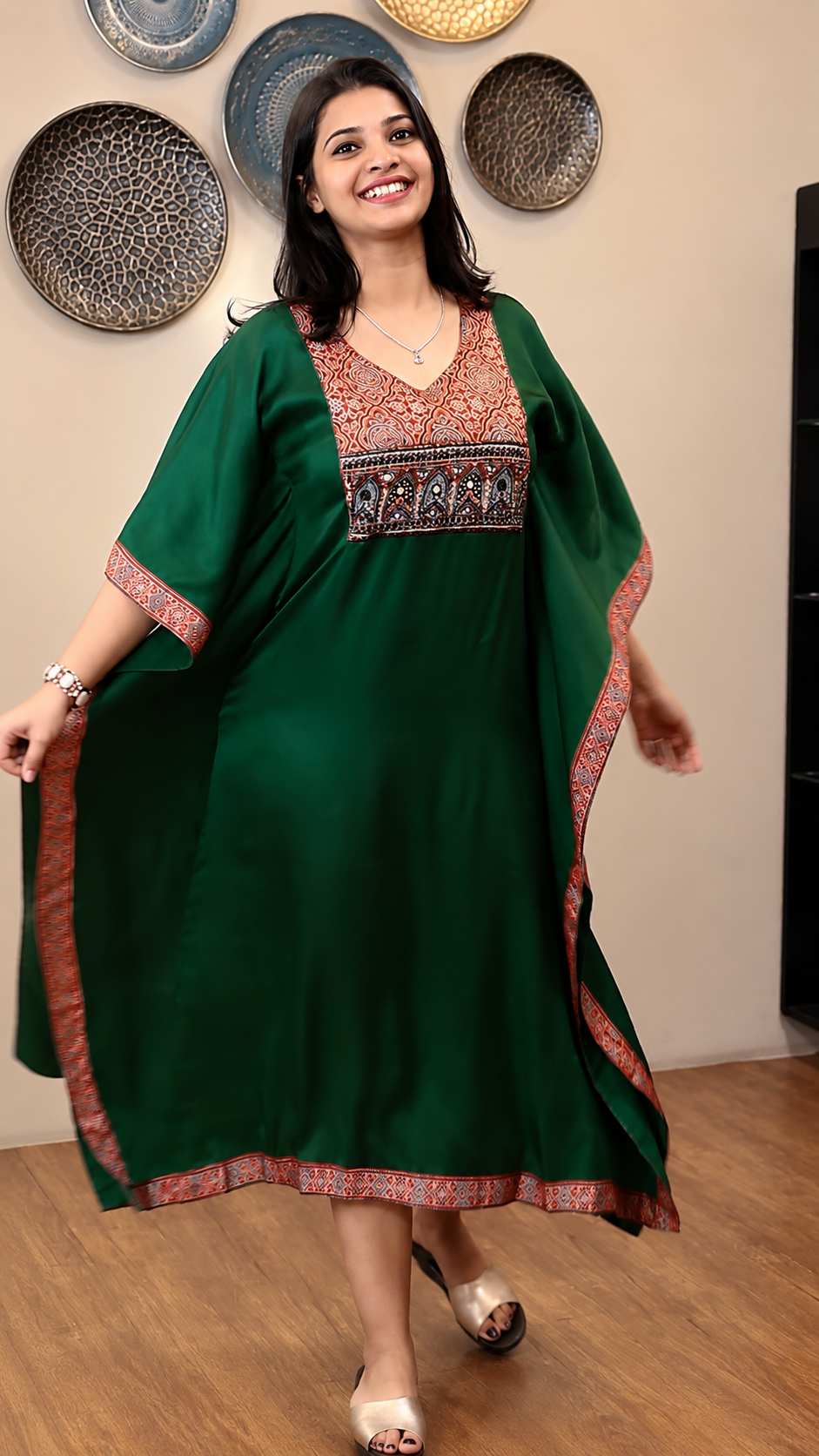 Ajrakh Inspired Modal Silk Kaftan - GREEN