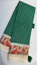 Premium Linen Cotton Saree with Floral Printed Border - GREEN