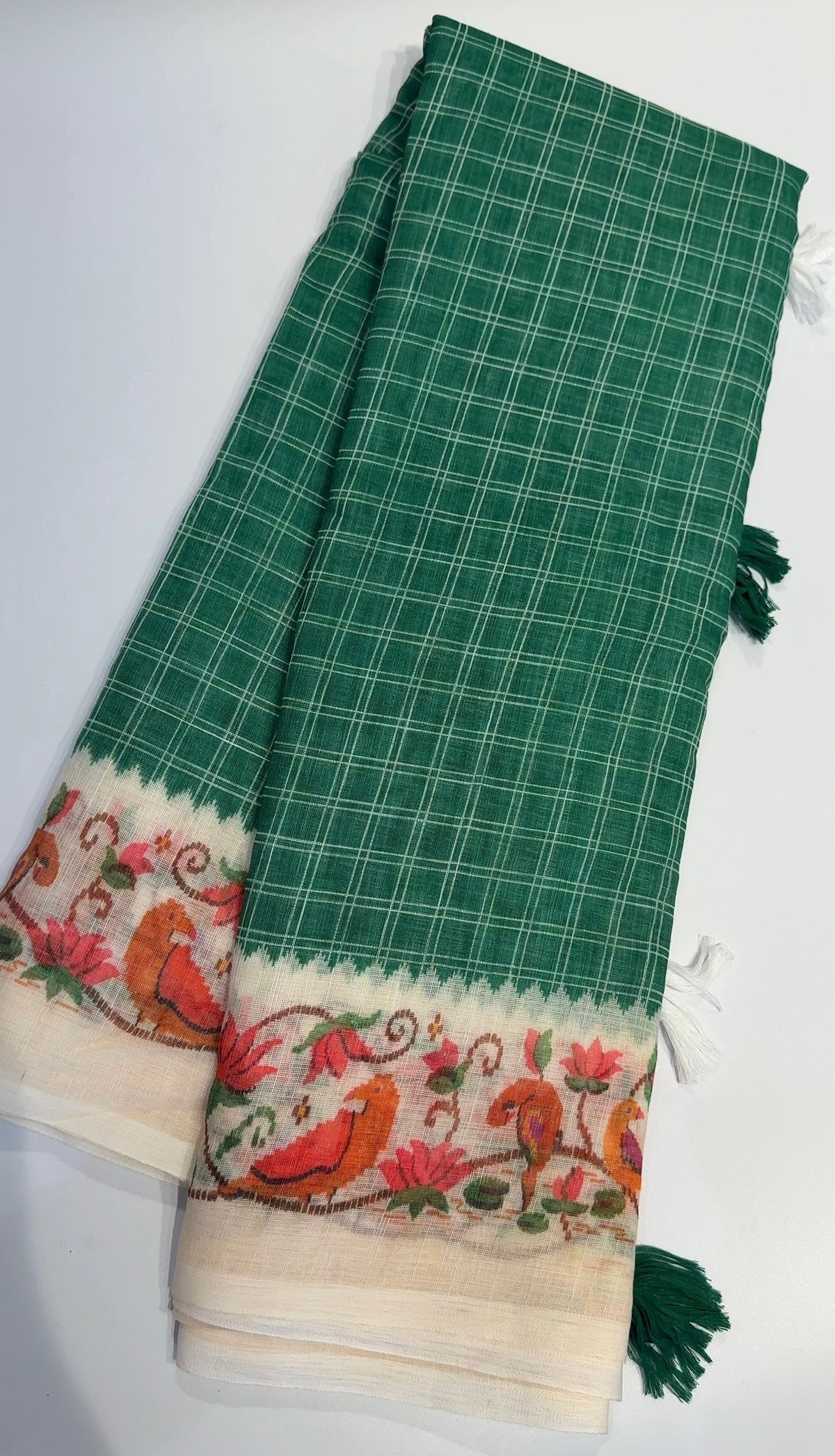 Premium Linen Cotton Saree with Floral Printed Border - GREEN