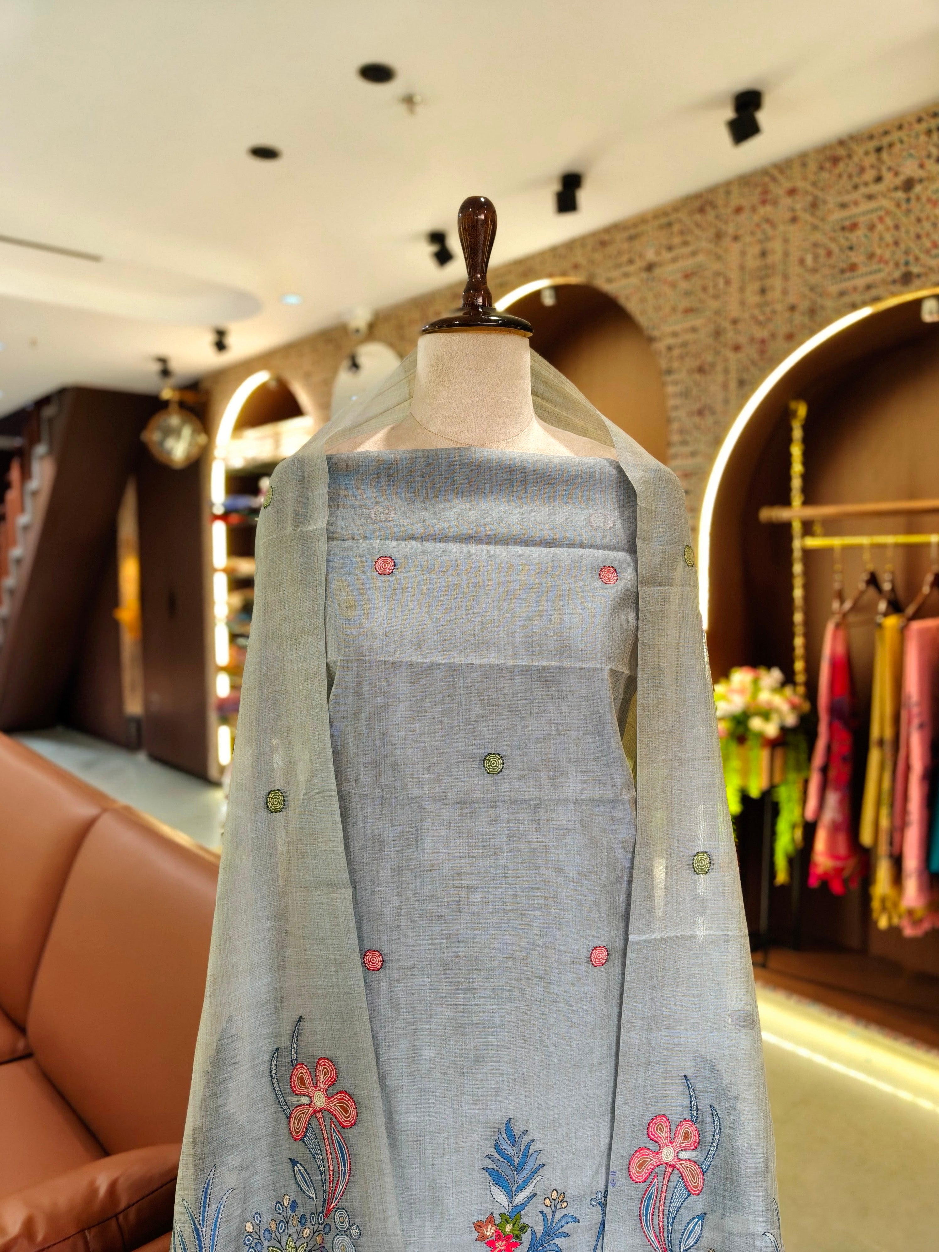 Muga Cotton Khadi Jamdani Unstitched Suit- Grey