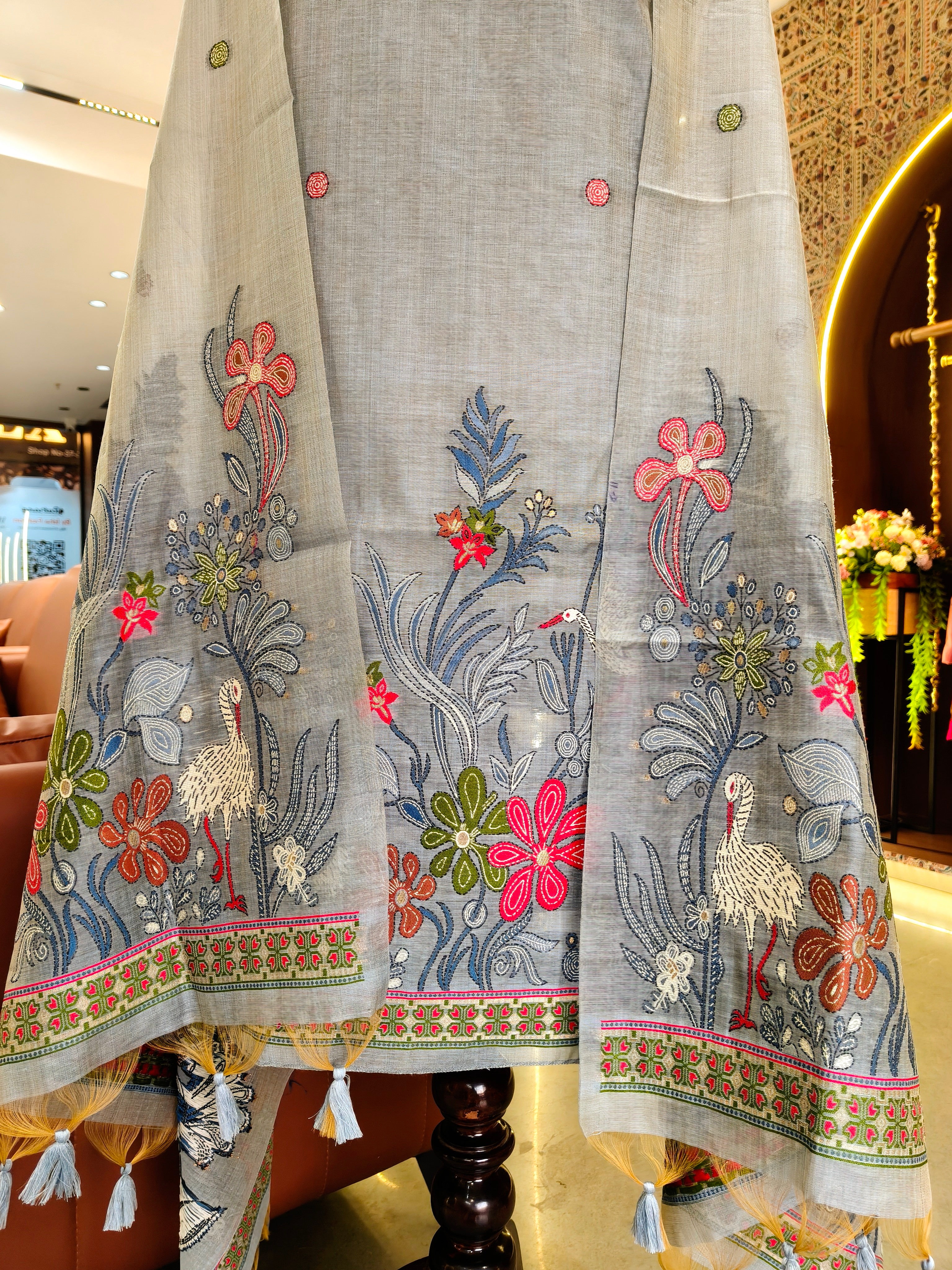 Muga Cotton Khadi Jamdani Unstitched Suit- Grey