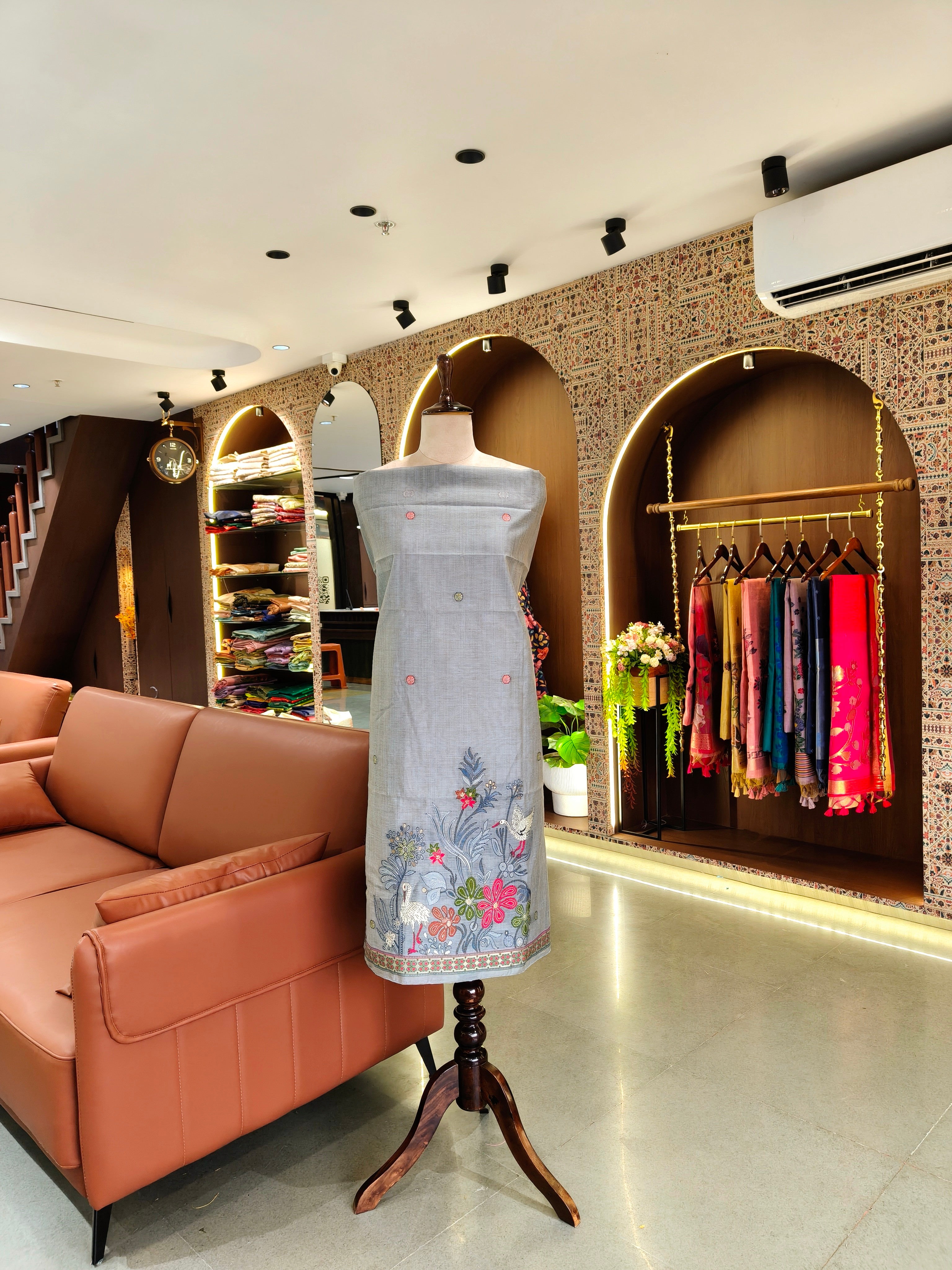 Muga Cotton Khadi Jamdani Unstitched Suit- Grey