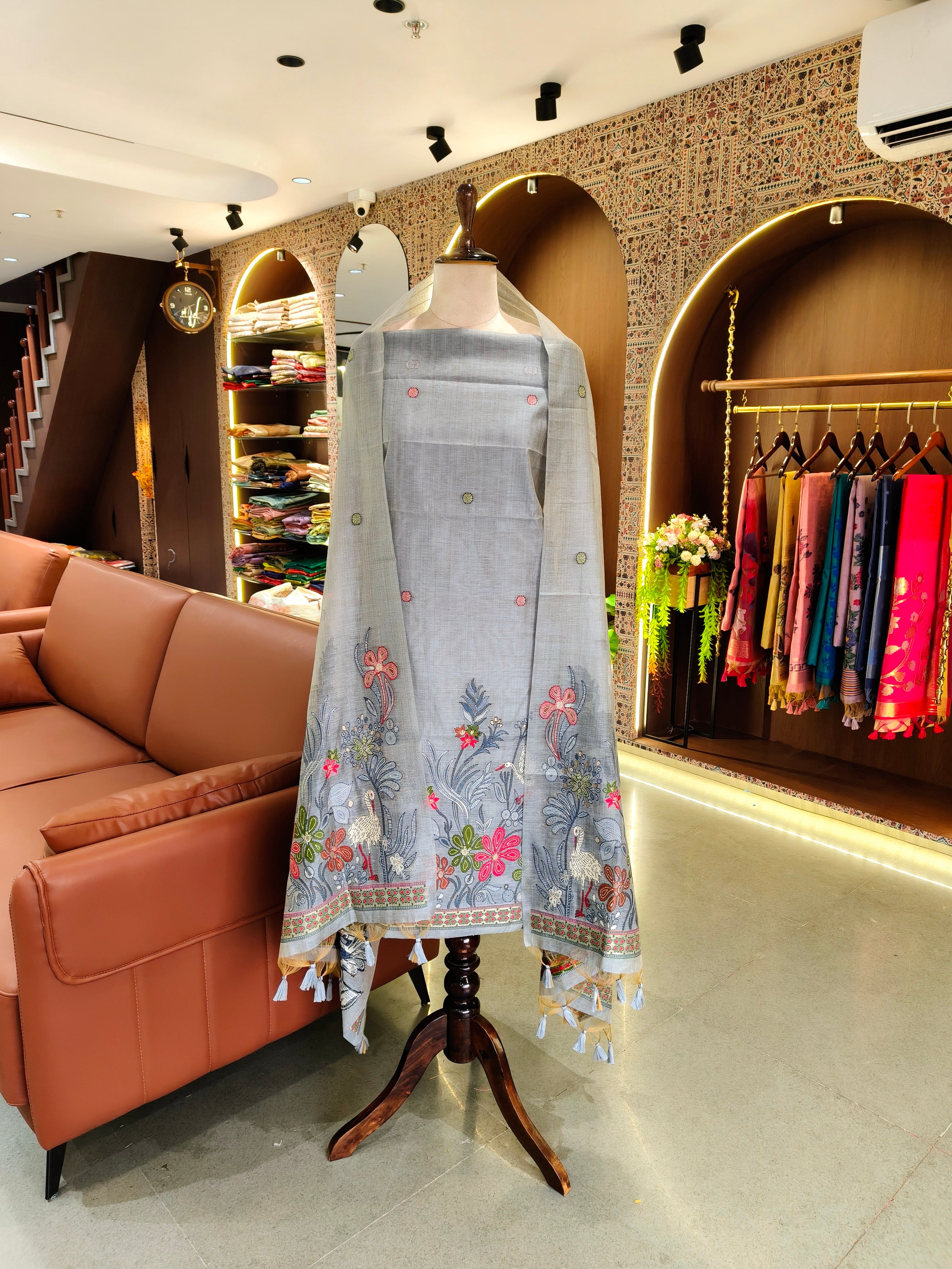 Muga Cotton Khadi Jamdani Unstitched Suit- Grey