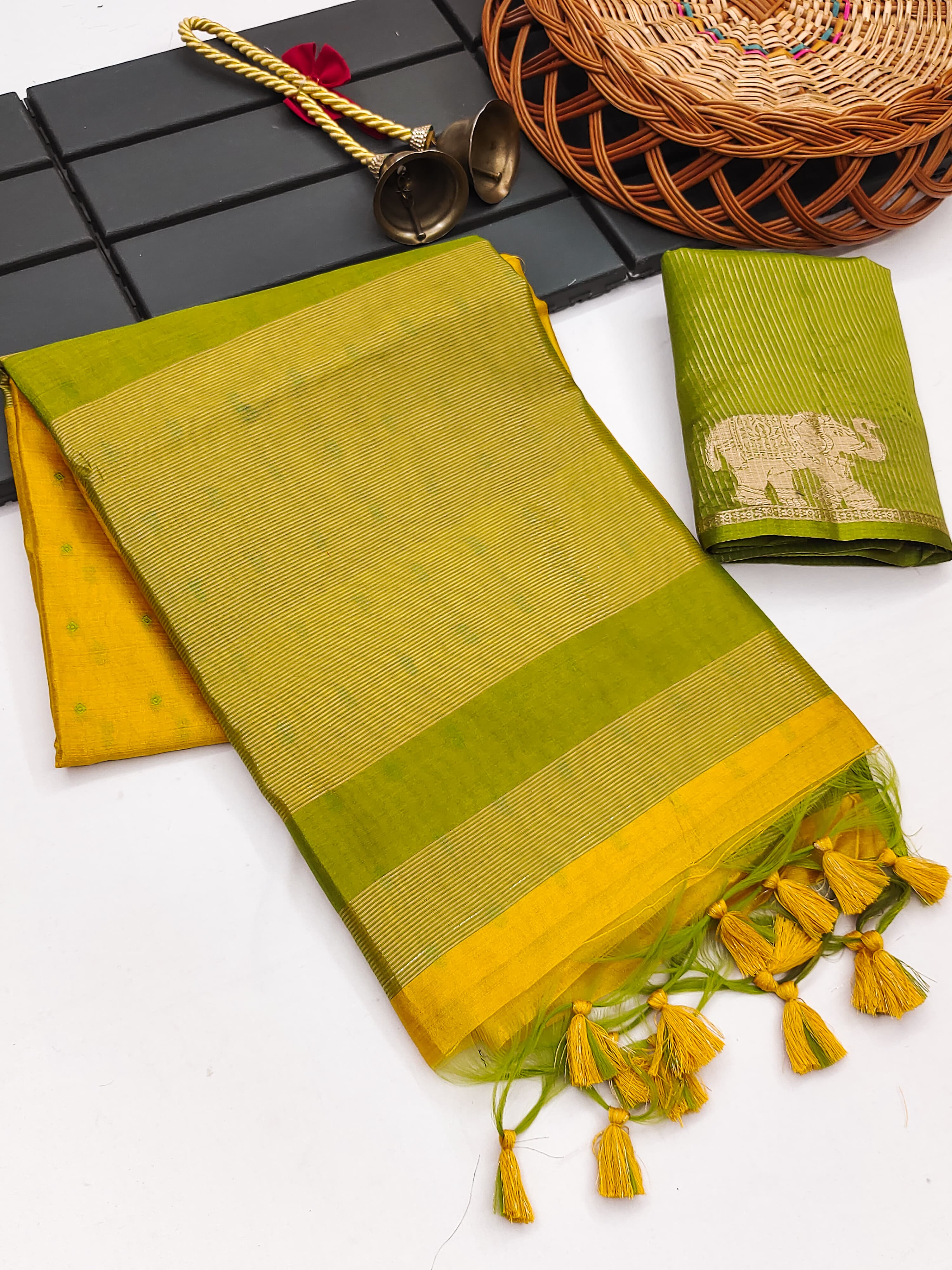 Tussar Elephant Raw Silk Weaving Saree - YELLOW