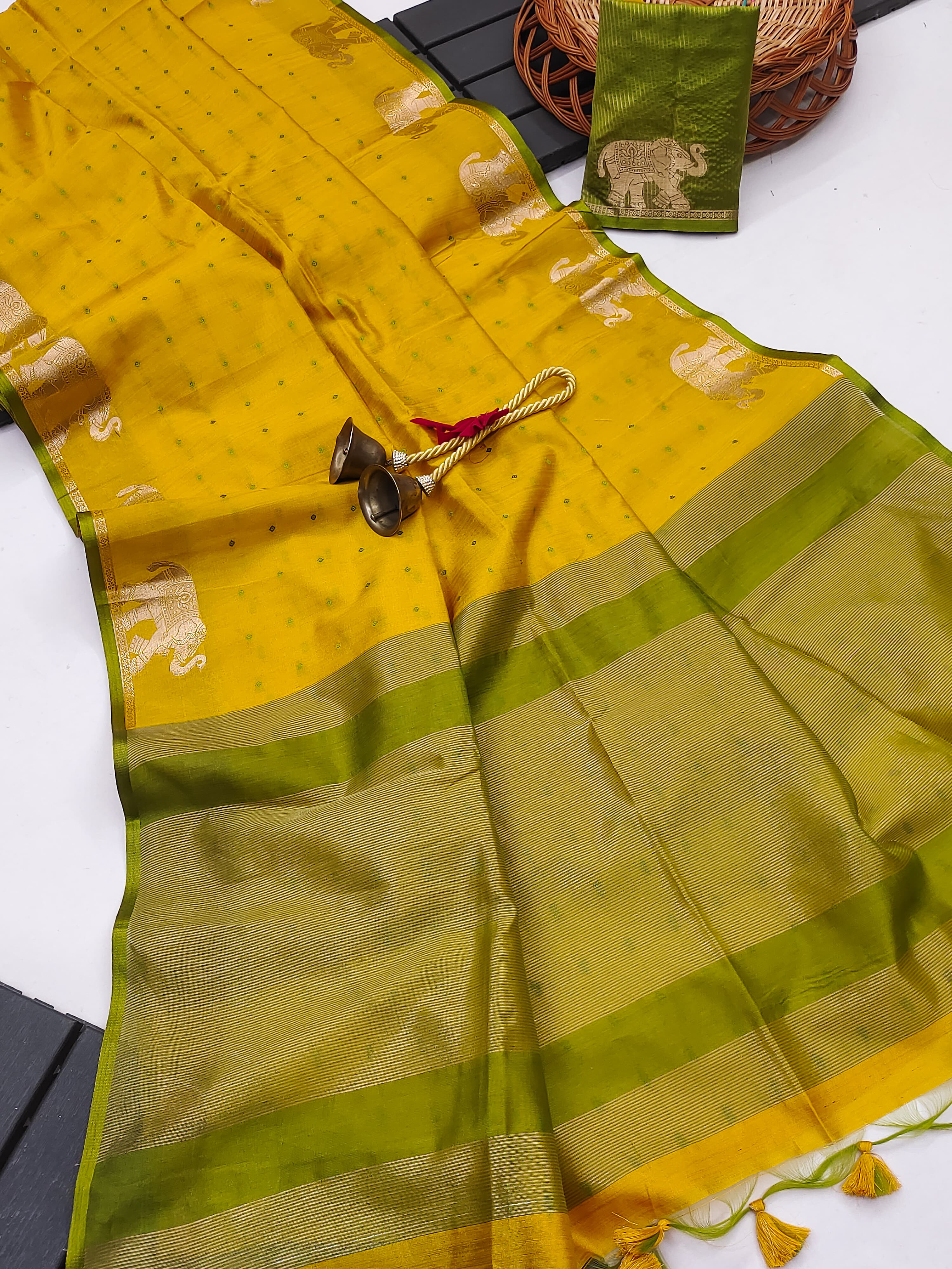 Tussar Elephant Raw Silk Weaving Saree - YELLOW
