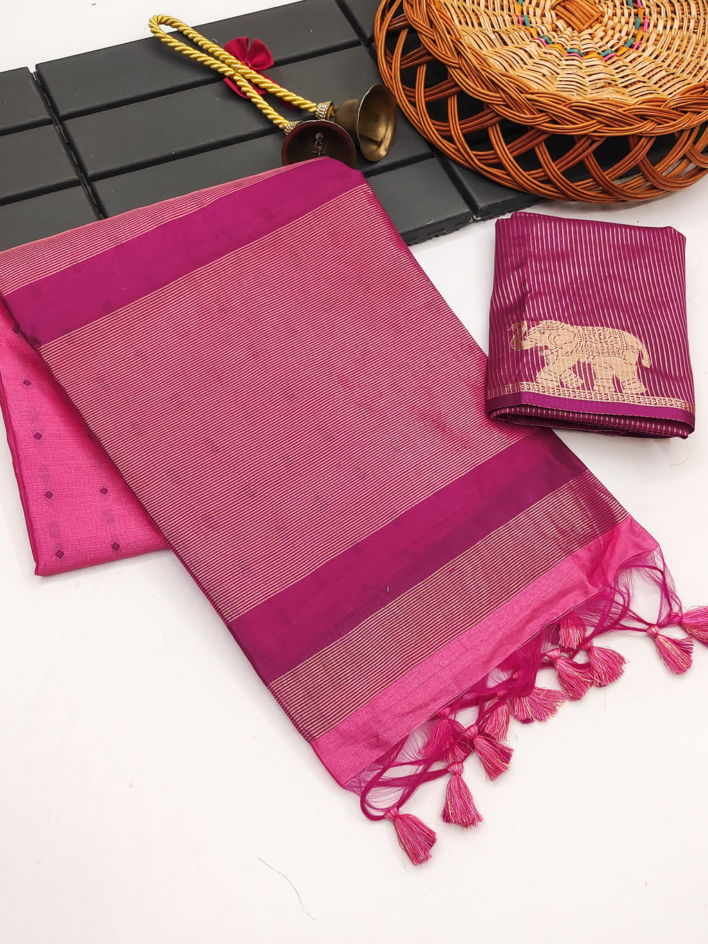 Tussar Elephant Raw Silk Weaving Saree - PINK