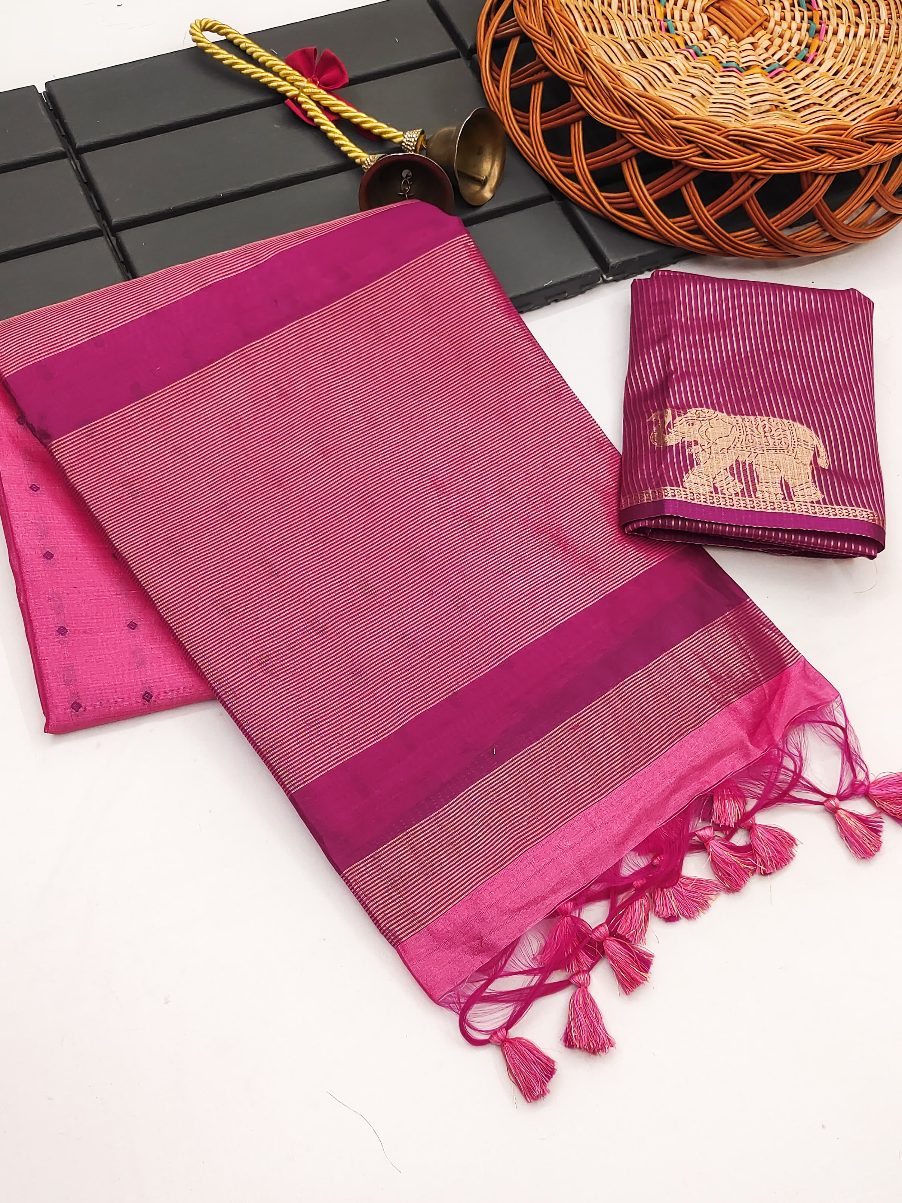Tussar Elephant Raw Silk Weaving Saree - PINK