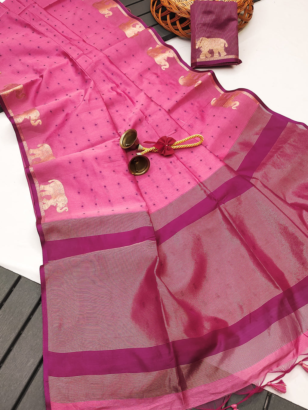 Tussar Elephant Raw Silk Weaving Saree - PINK