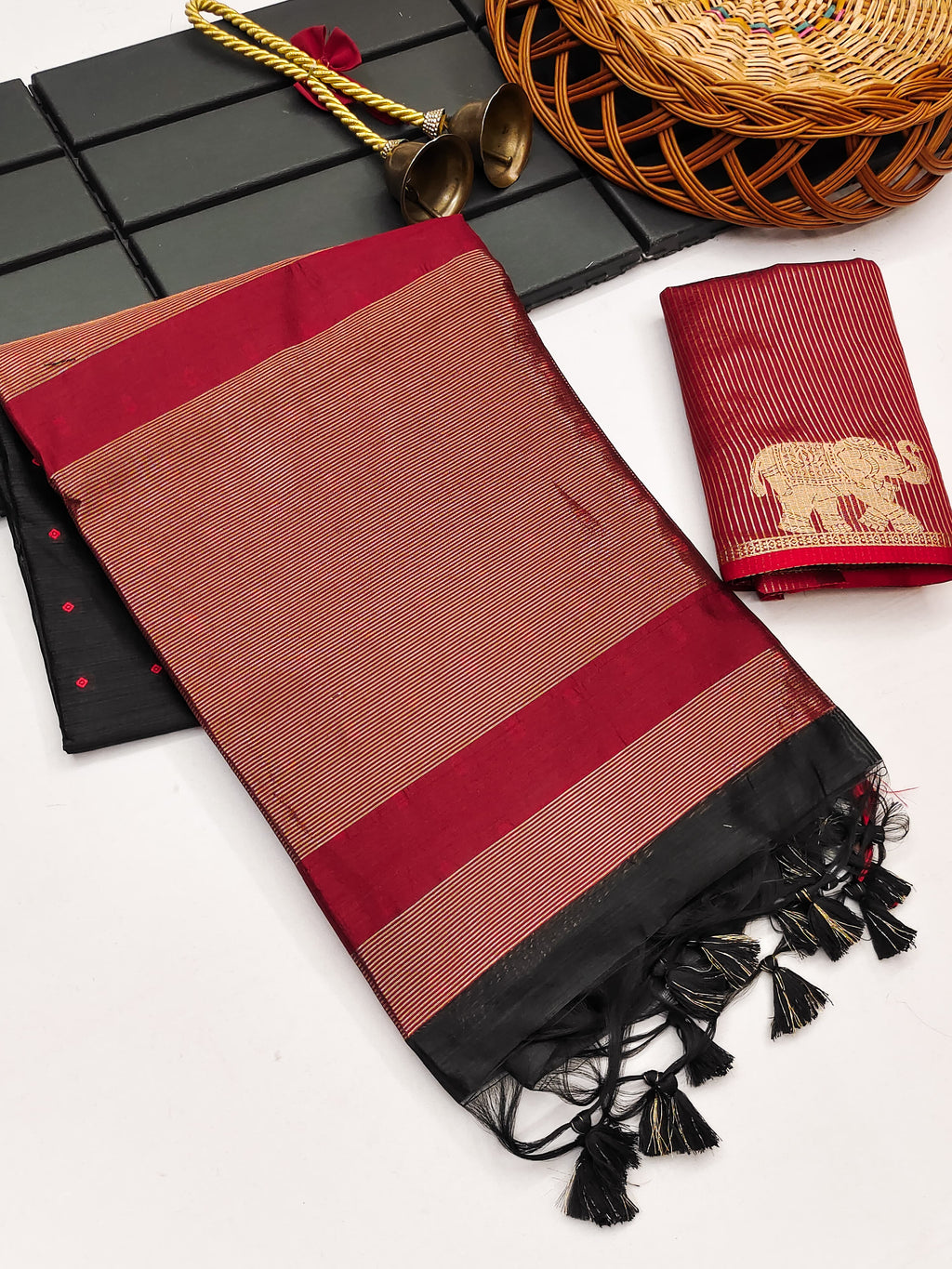 Tussar Elephant Raw Silk Weaving Saree - BLACK