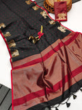 Tussar Elephant Raw Silk Weaving Saree - BLACK