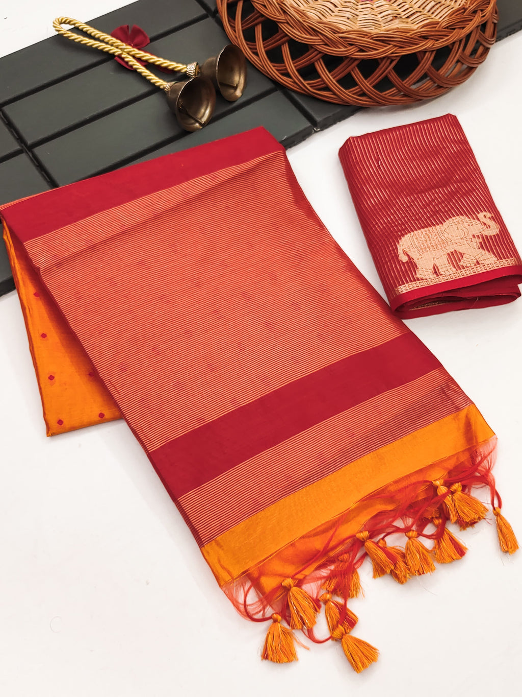 Tussar Elephant Raw Silk Weaving Saree - ORANGE