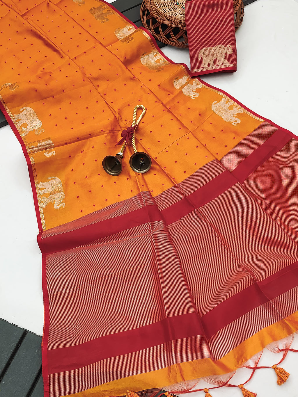 Tussar Elephant Raw Silk Weaving Saree - ORANGE