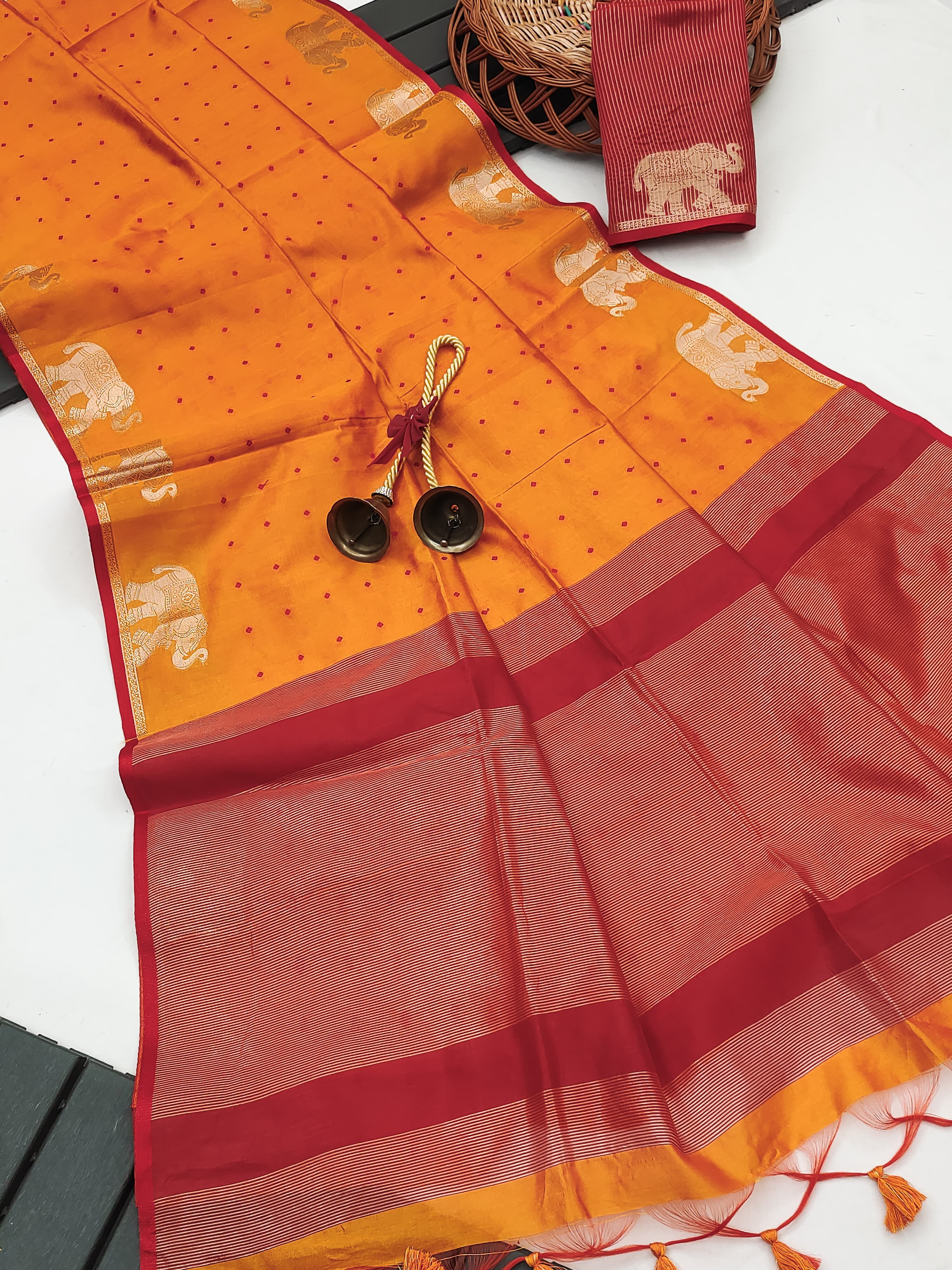 Tussar Elephant Raw Silk Weaving Saree - ORANGE