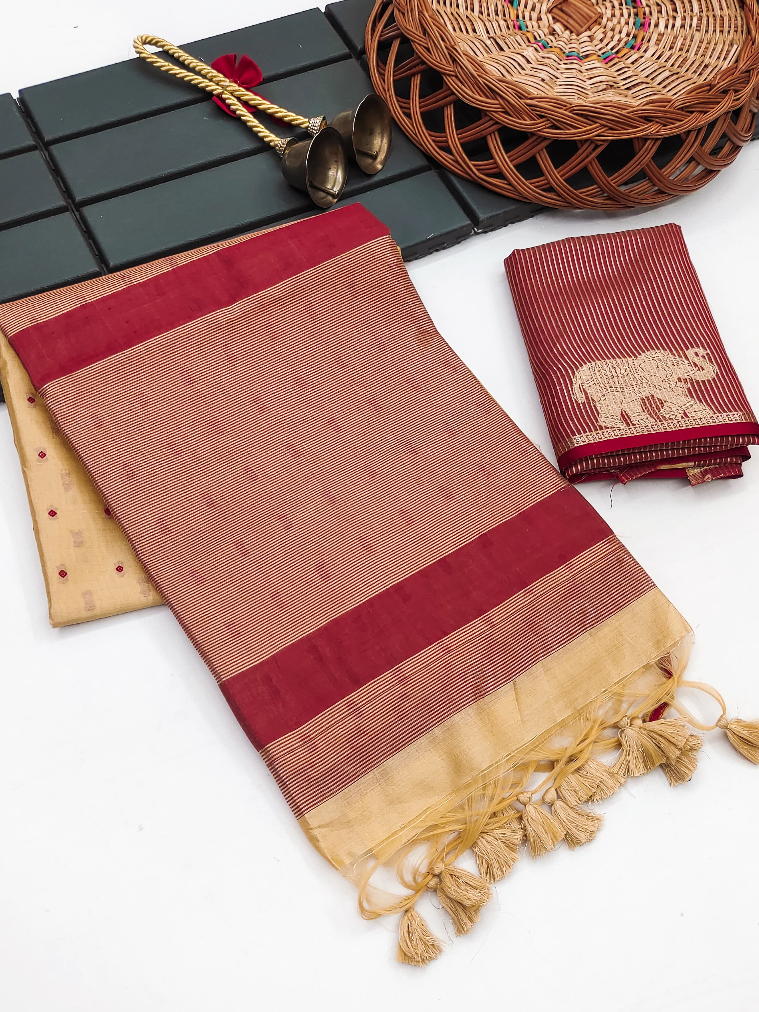 Tussar Elephant Raw Silk Weaving Saree - CHIKU