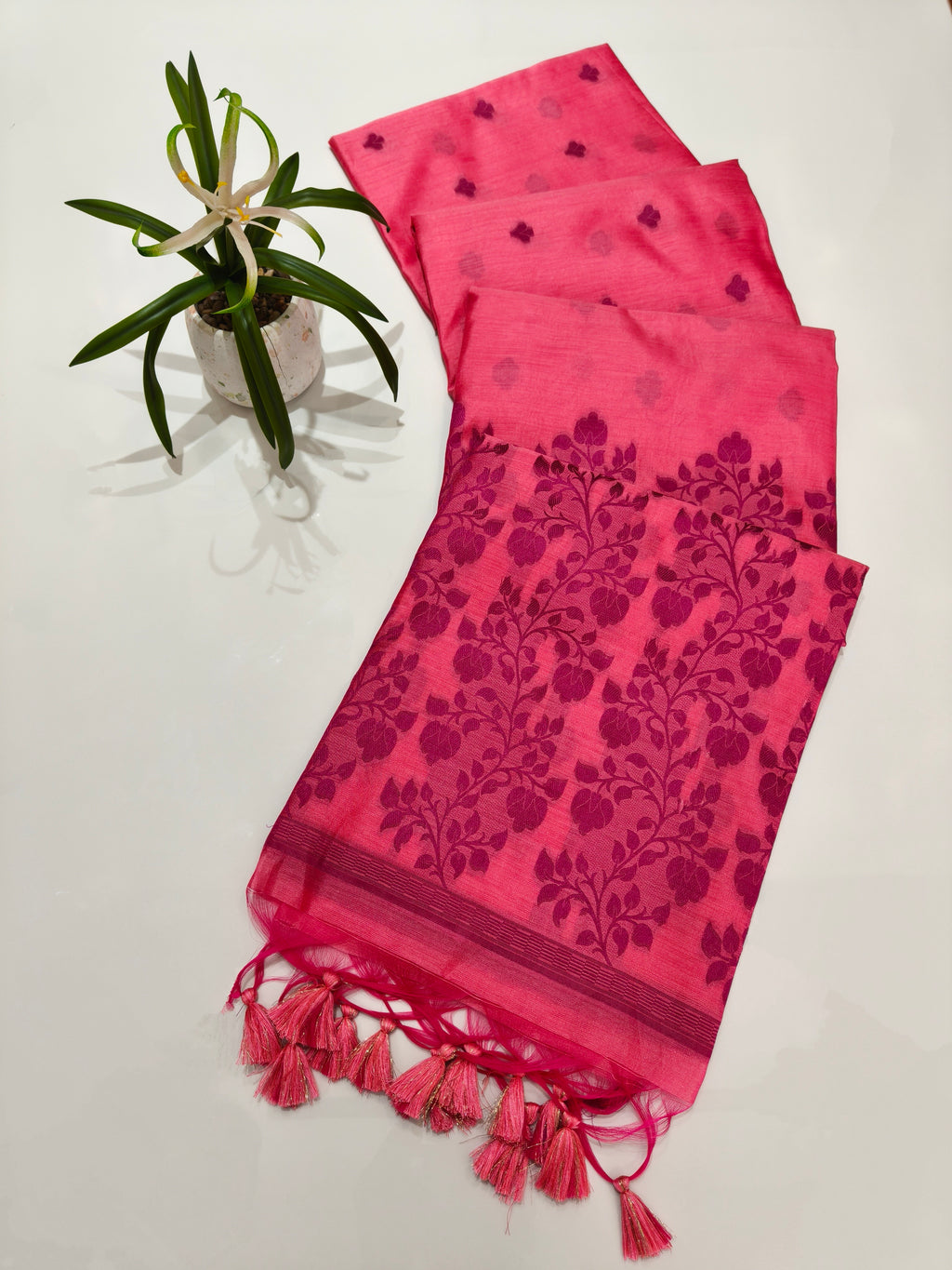 Tussar Raw Silk Floral Weaving Saree - PINK