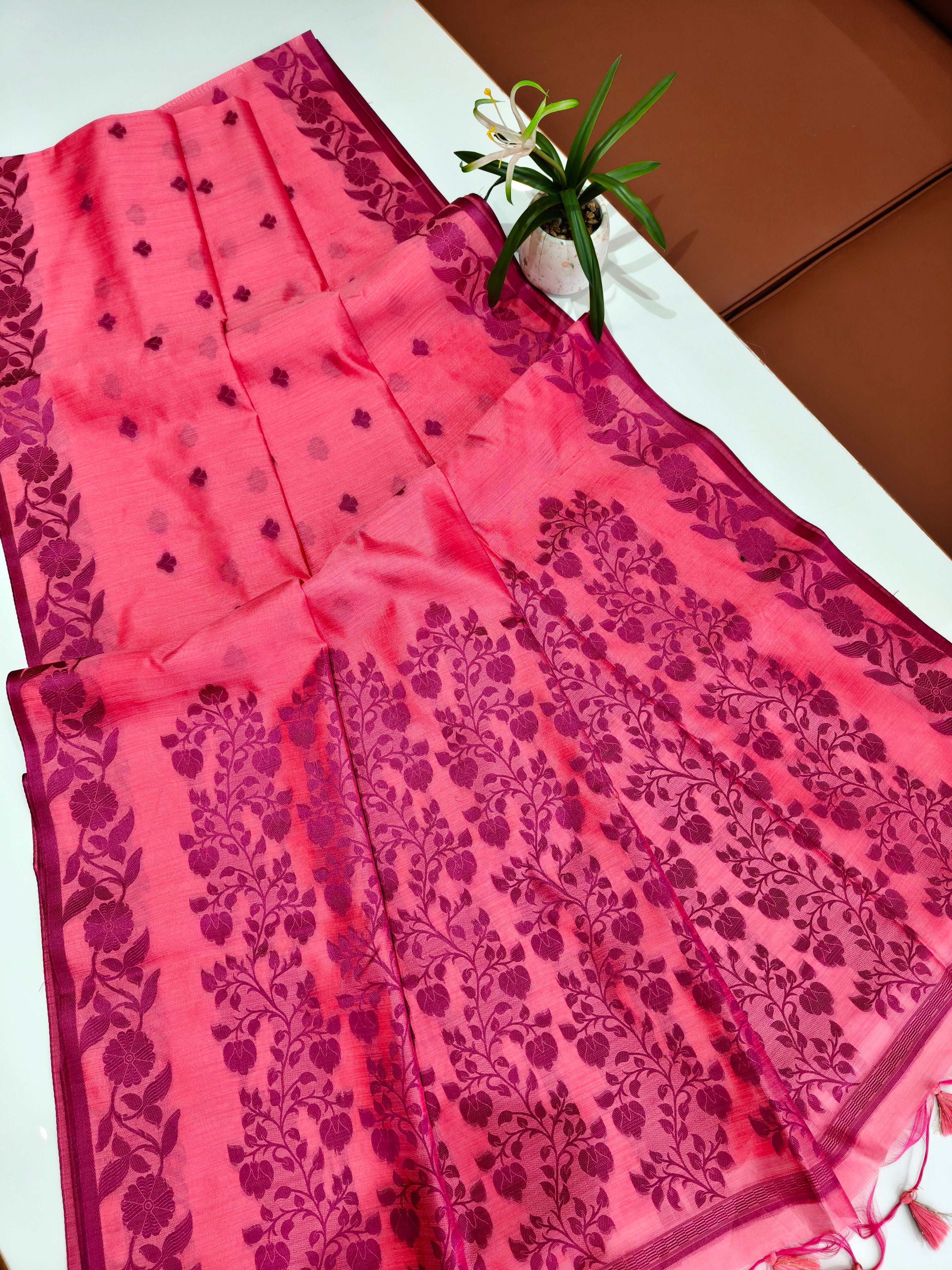 Tussar Raw Silk Floral Weaving Saree - PINK