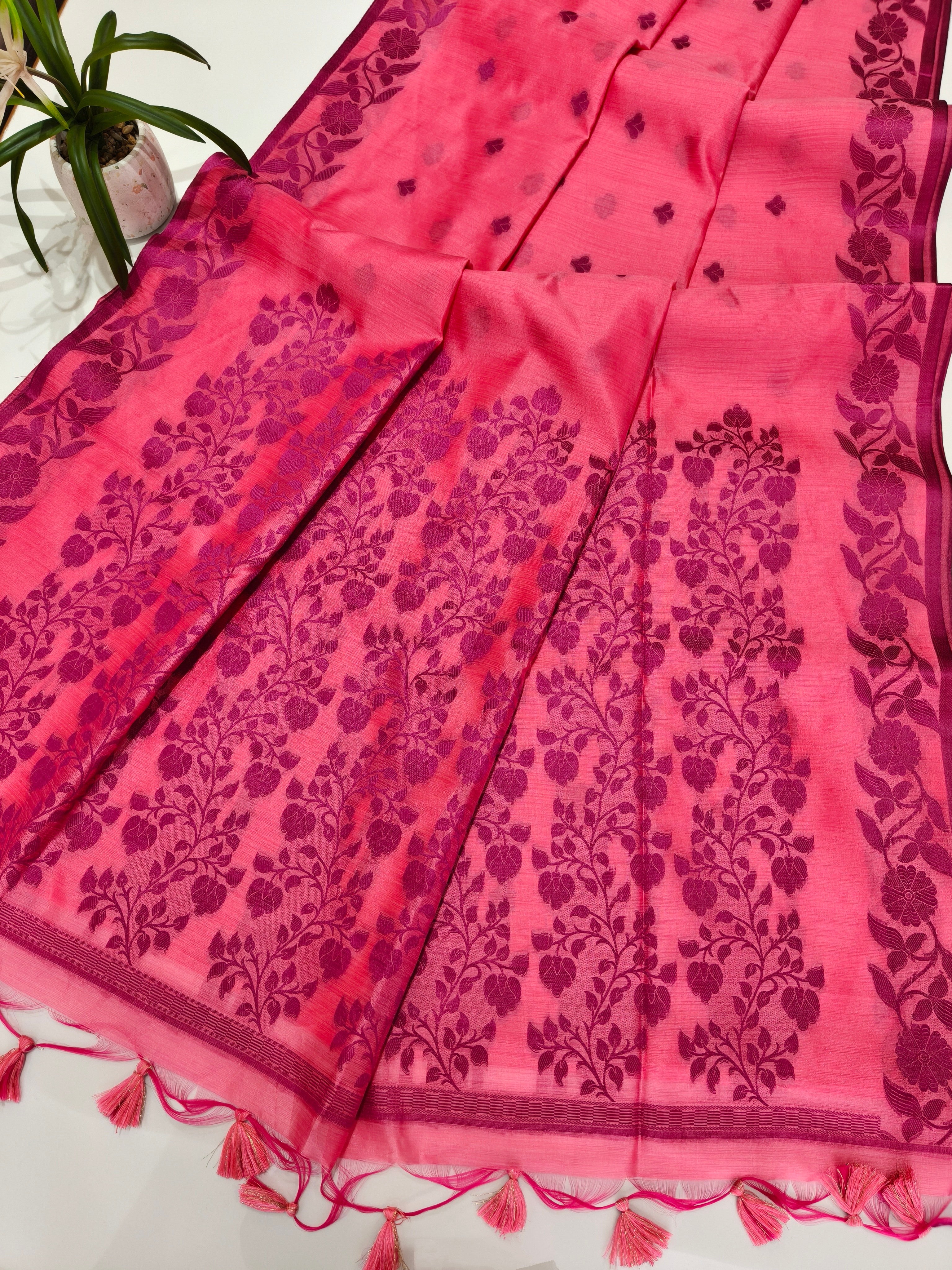 Tussar Raw Silk Floral Weaving Saree - PINK