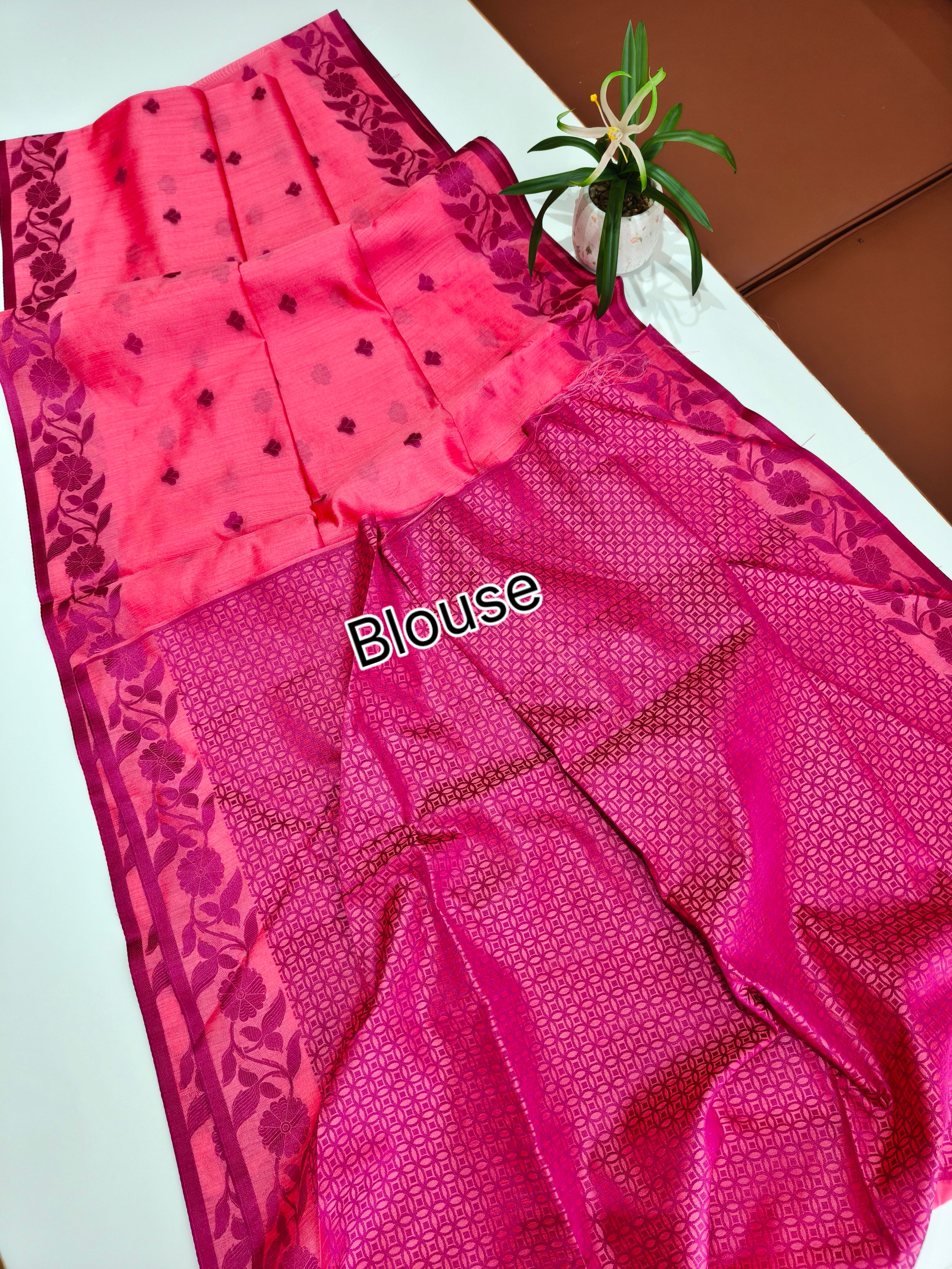 Tussar Raw Silk Floral Weaving Saree - PINK
