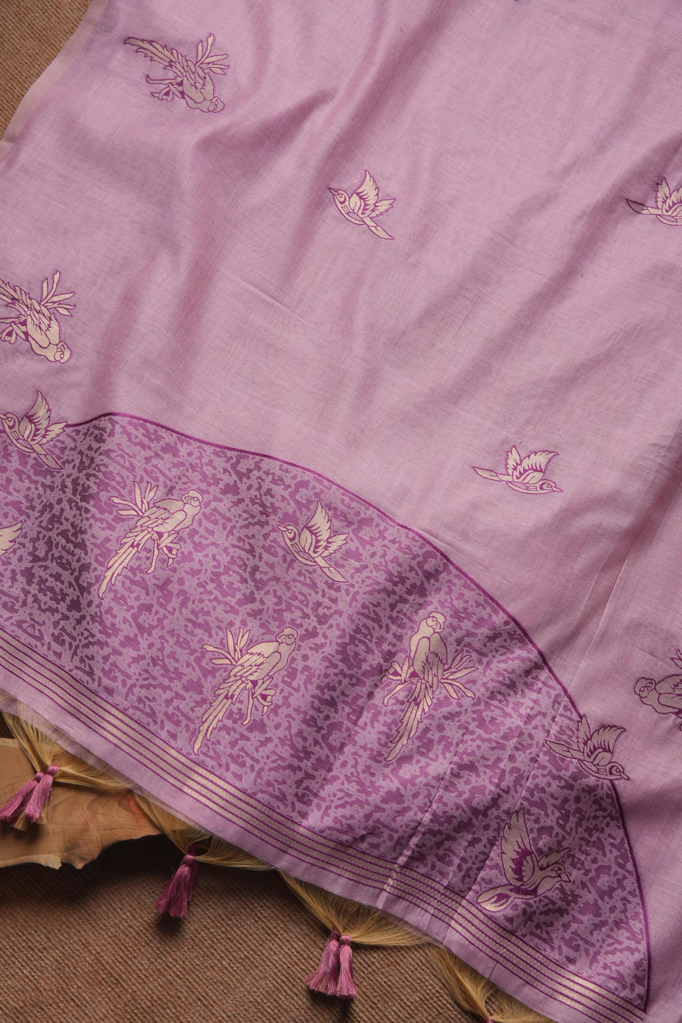 Muga Cotton Parrot Motif Unstitched Suit-Lavender