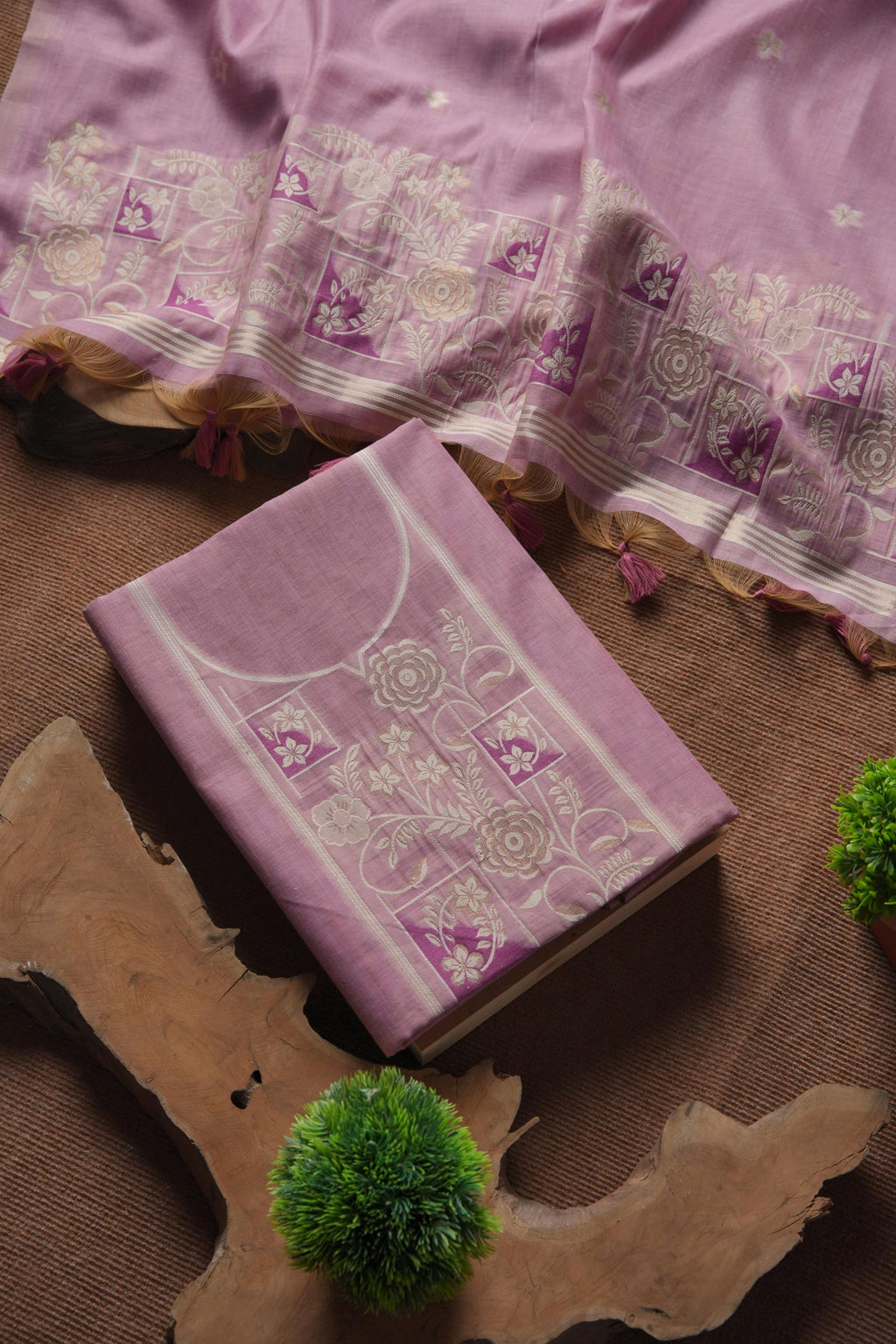 Muga Cotton Floral Pattern Unstitched Suit - Lavender