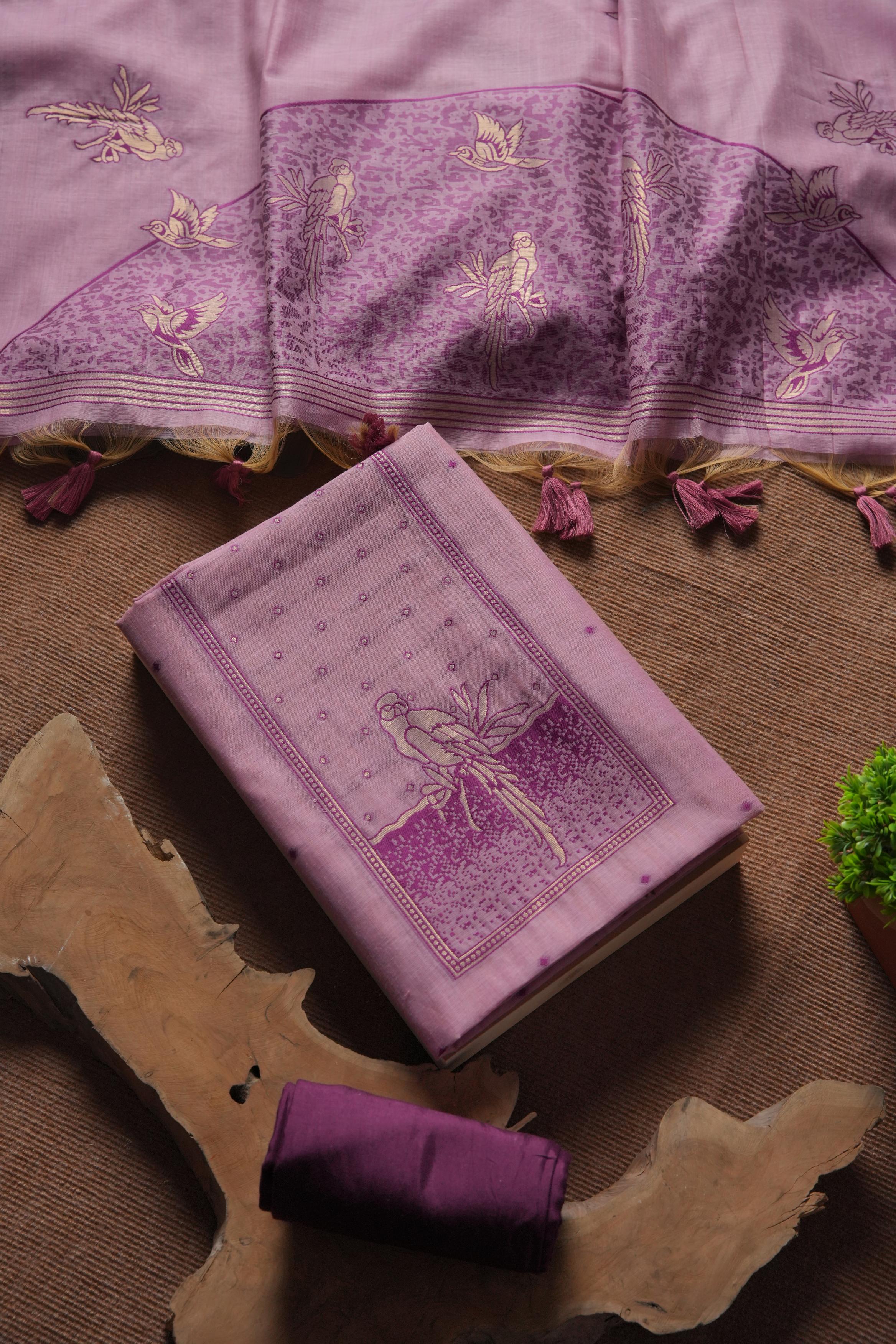 Muga Cotton Parrot Motif Unstitched Suit-Lavender
