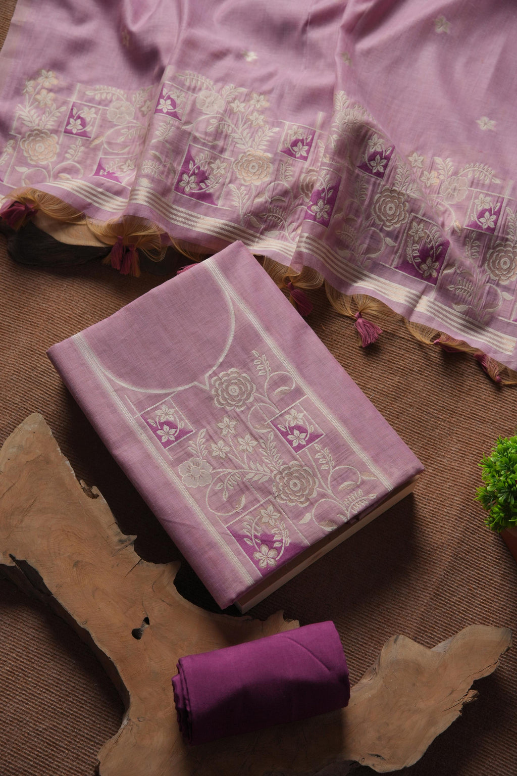 Muga Cotton Floral Pattern Unstitched Suit - Lavender