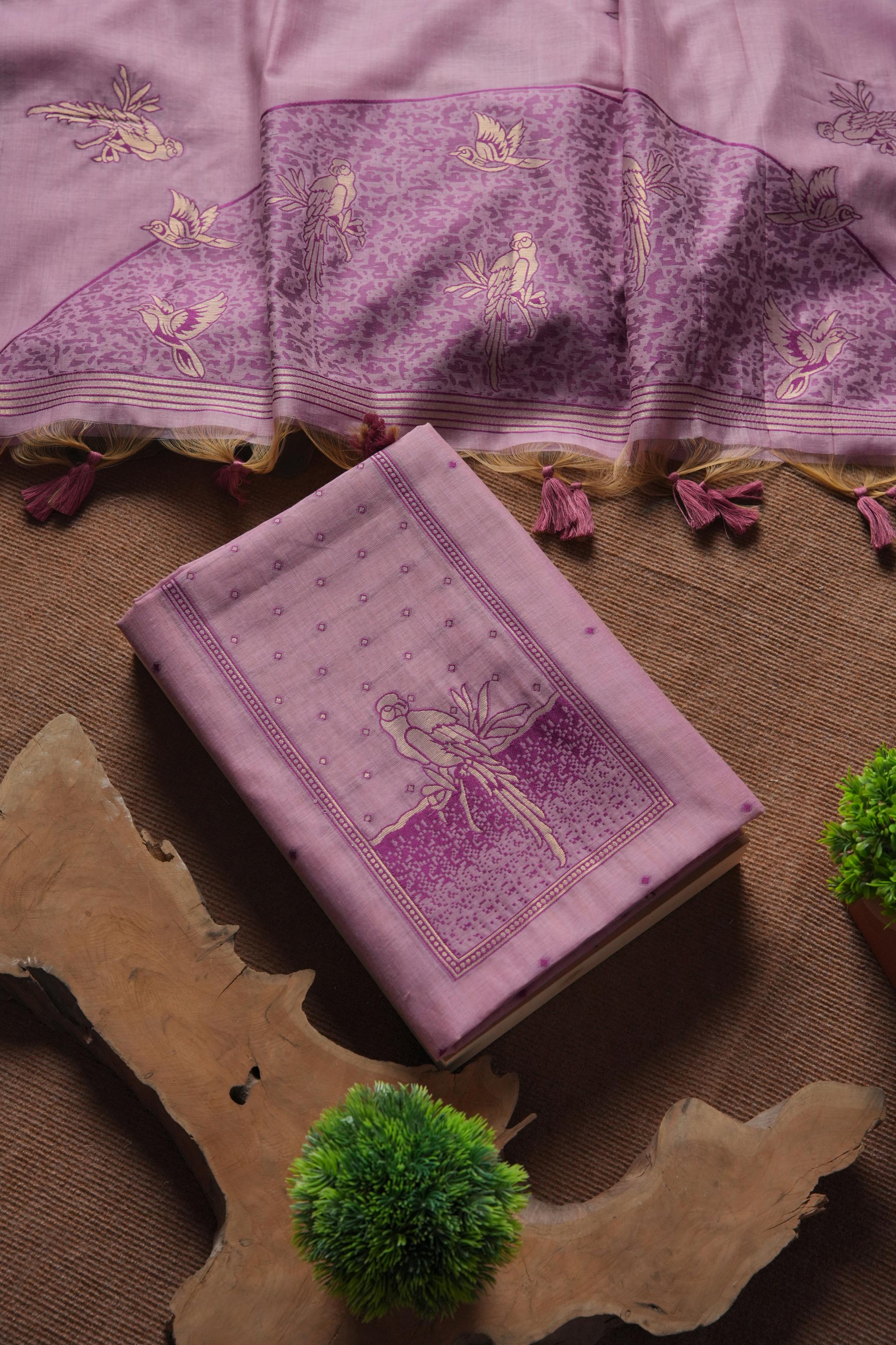 Muga Cotton Parrot Motif Unstitched Suit-Lavender