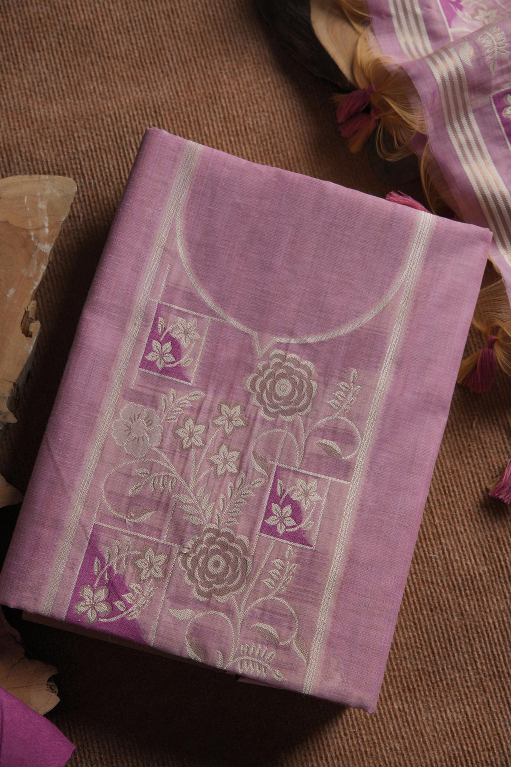 Muga Cotton Floral Pattern Unstitched Suit - Lavender