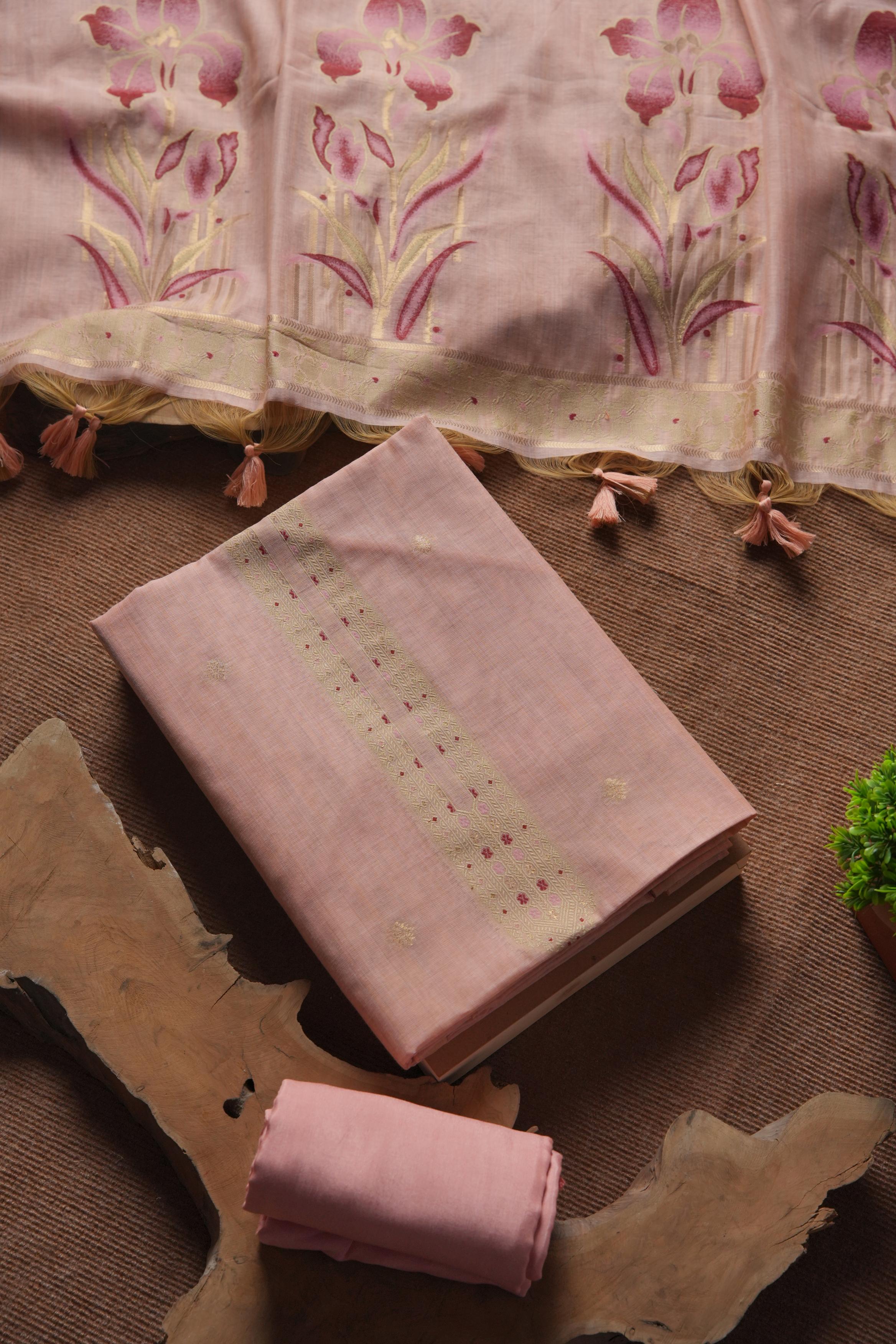 Blush Muga Cotton Unstitched Suit - LIGHT PINK