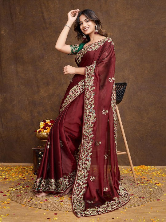 Floral Embroidered Saree with Blouse Piece