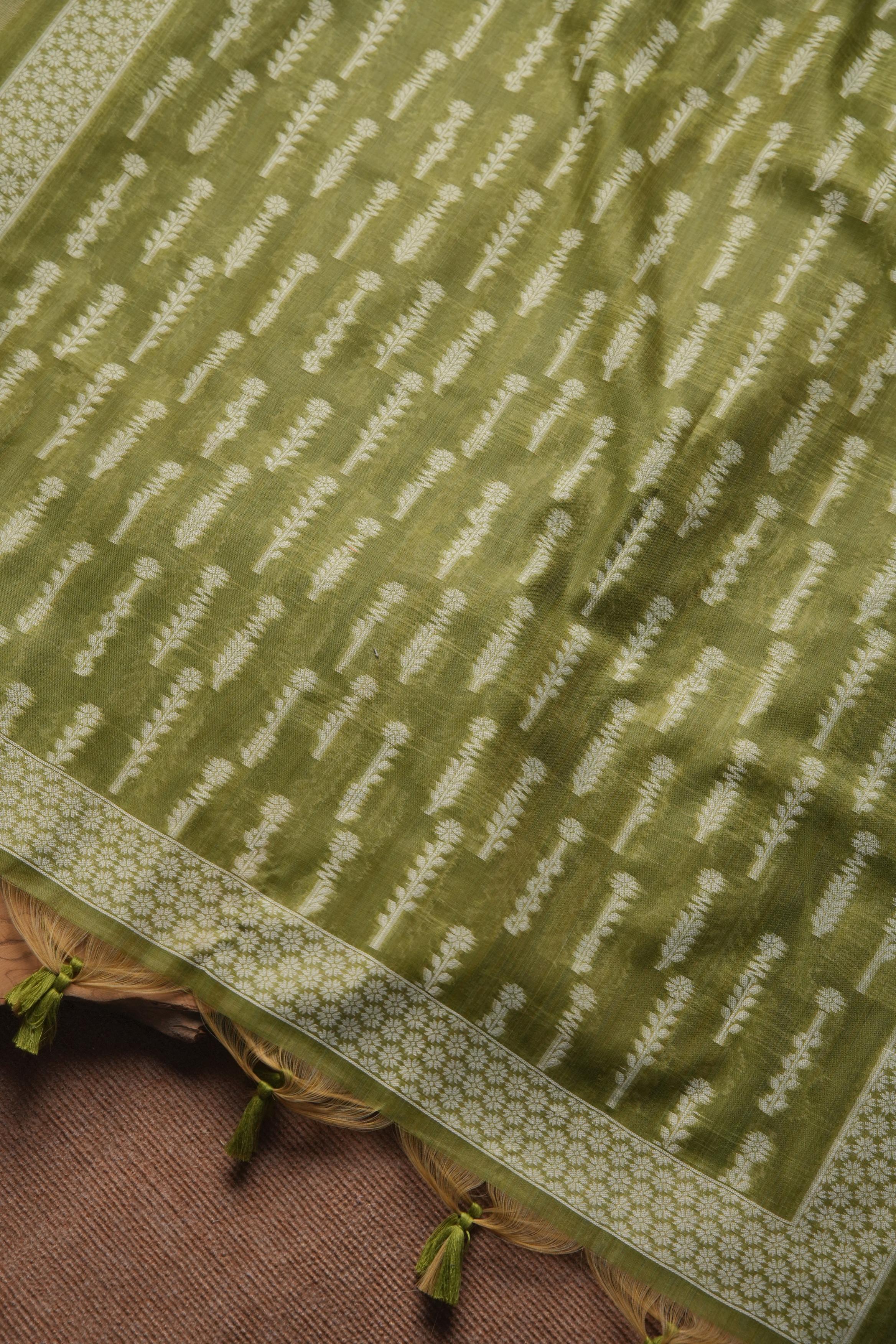 Muga Cotton Floral Woven Unstitched Suit - Mehendi