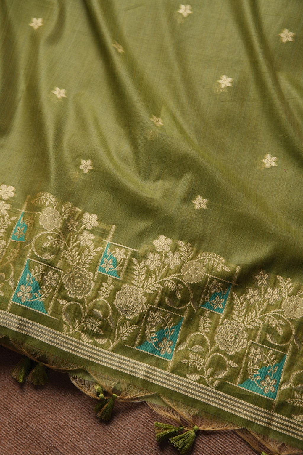 Muga Cotton Floral Pattern Unstitched Suit - Mehendi