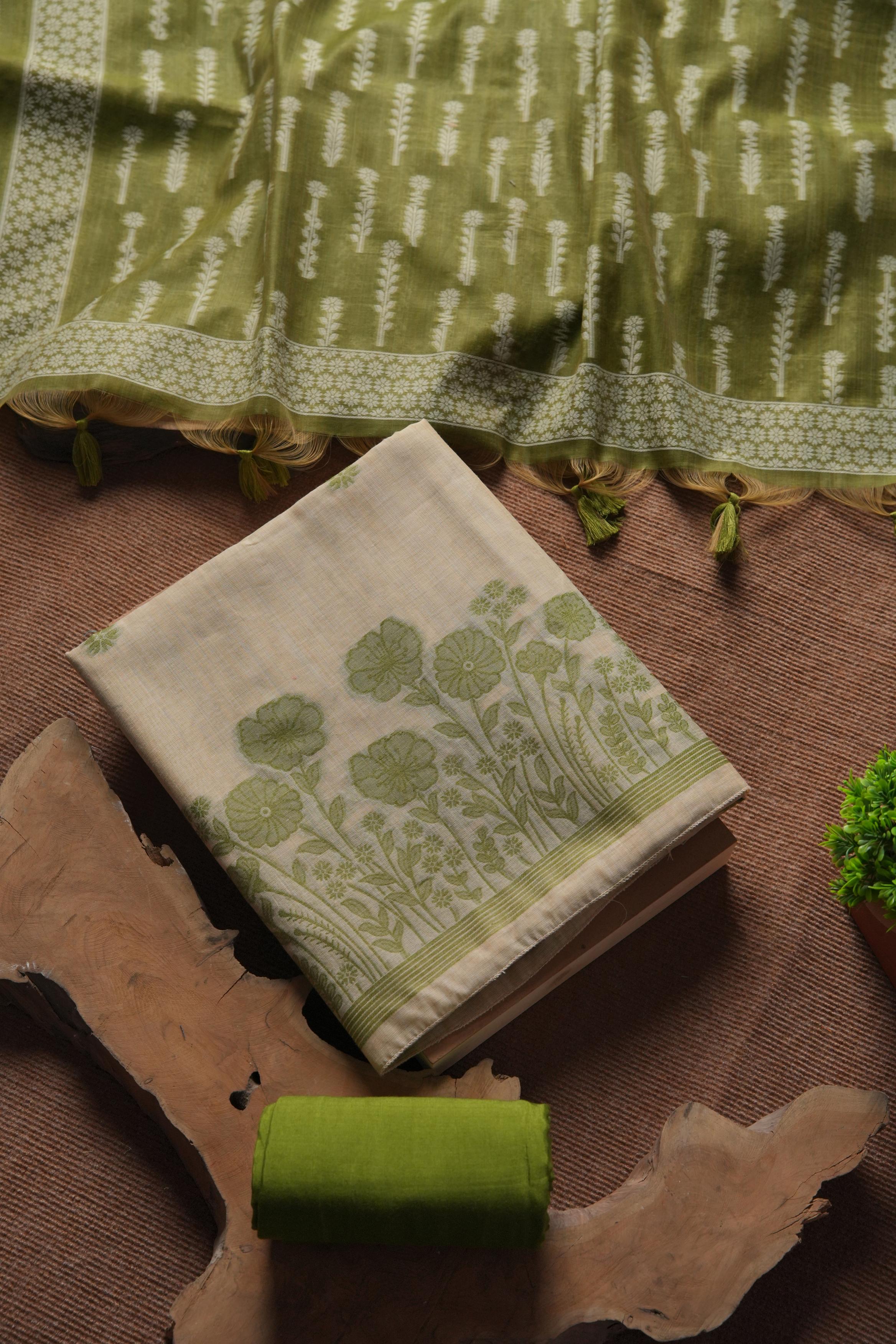 Muga Cotton Floral Woven Unstitched Suit - Mehendi