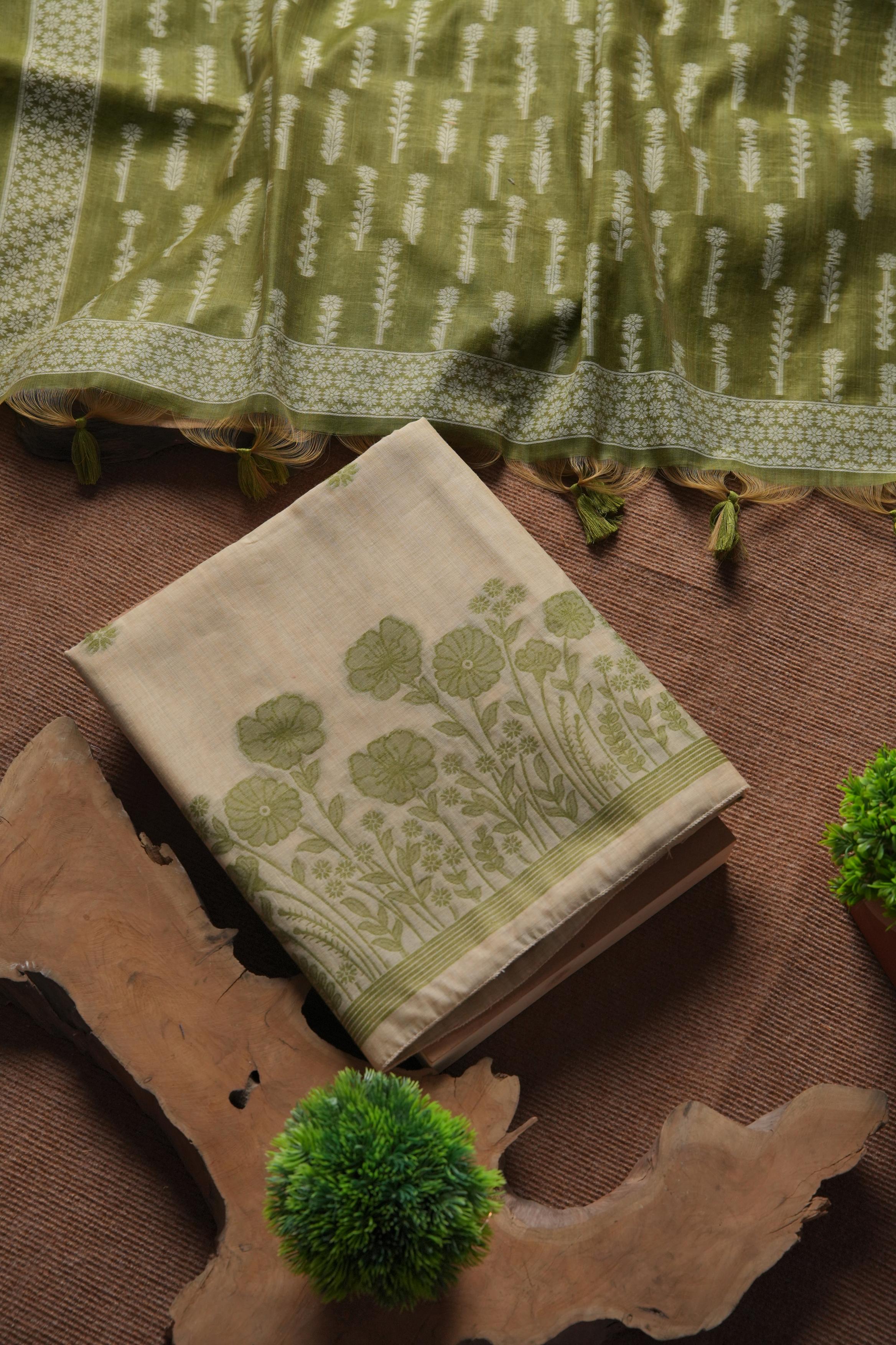 Muga Cotton Floral Woven Unstitched Suit - Mehendi