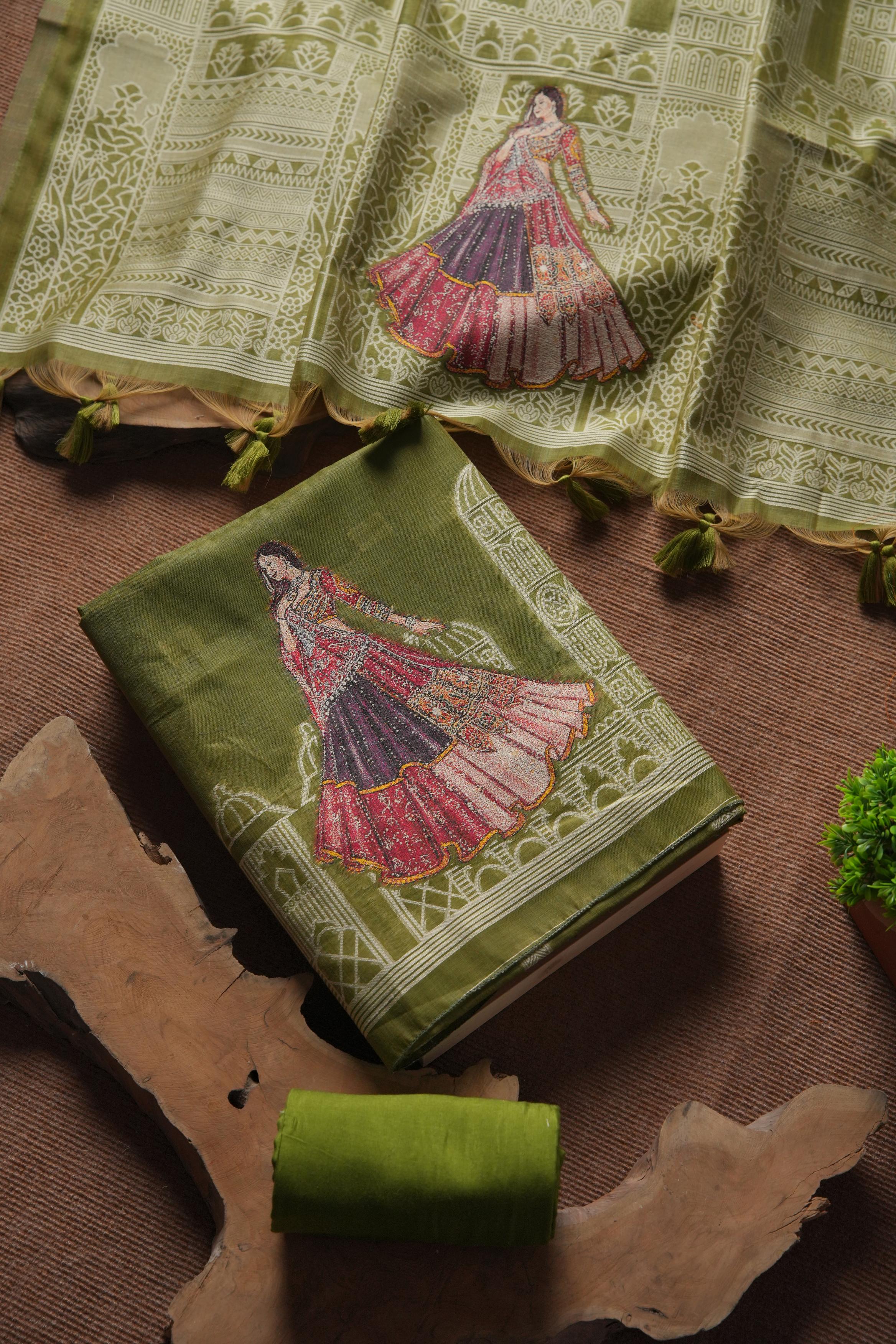 Rang Mahal Muga Cotton Unstitched Suit - MEHENDI