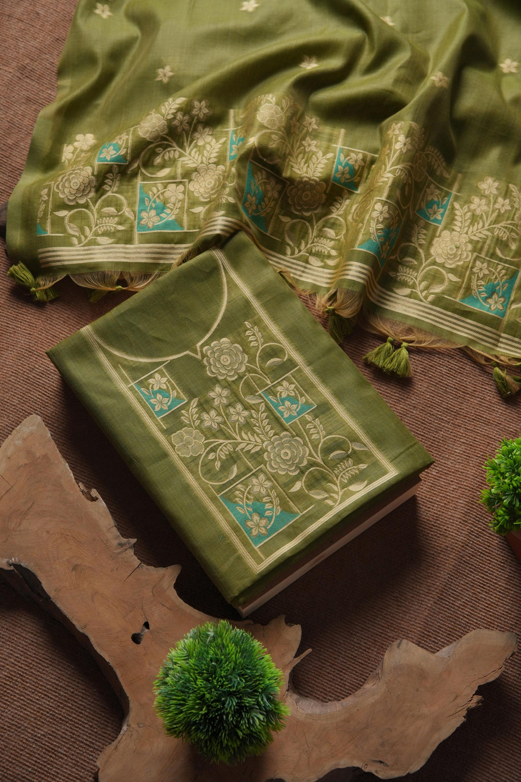 Muga Cotton Floral Pattern Unstitched Suit - Mehendi