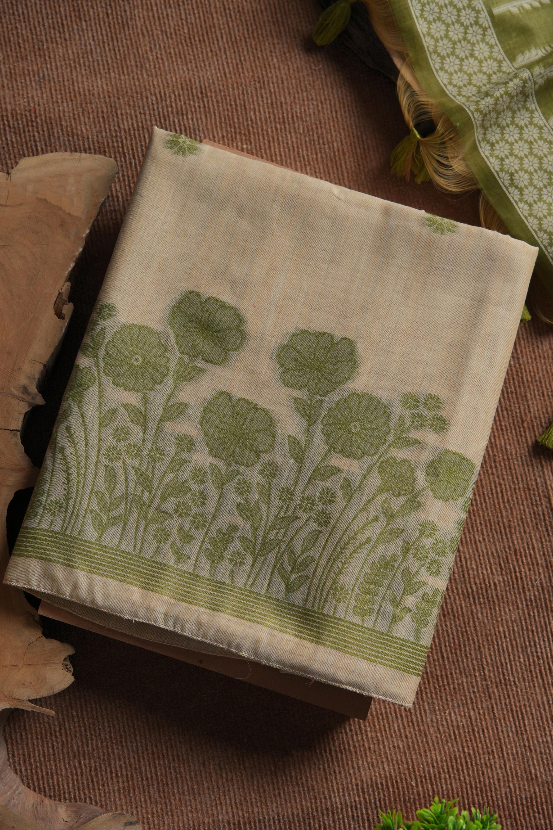 Muga Cotton Floral Woven Unstitched Suit - Mehendi