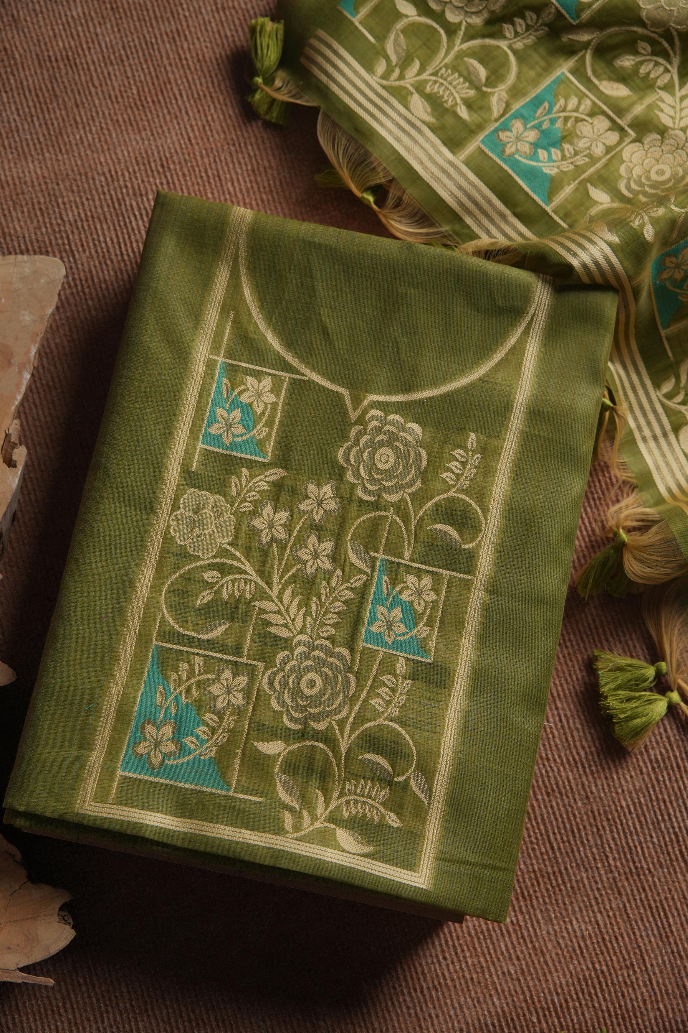 Muga Cotton Floral Pattern Unstitched Suit - Mehendi