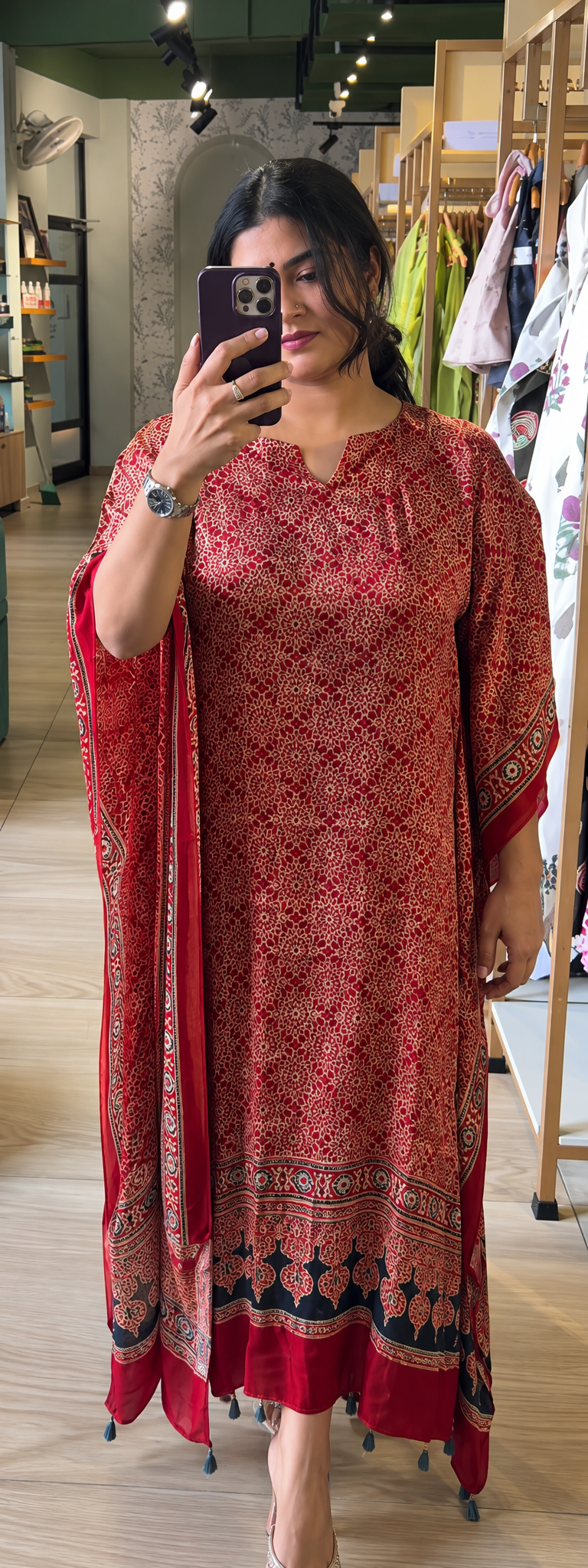 Modal Silk Ajrakh Printed Kaftan with Tassel - MAROON