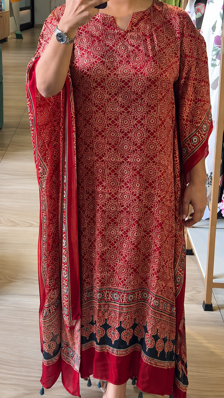 Modal Silk Ajrakh Printed Kaftan with Tassel - MAROON