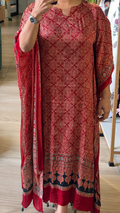 Modal Silk Ajrakh Printed Kaftan with Tassel - MAROON