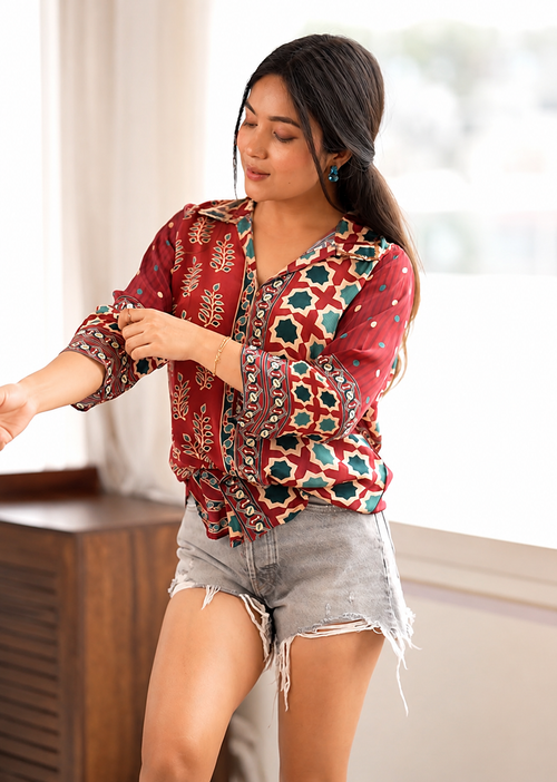 Heritage Print Ajrak Shirt - MAROON