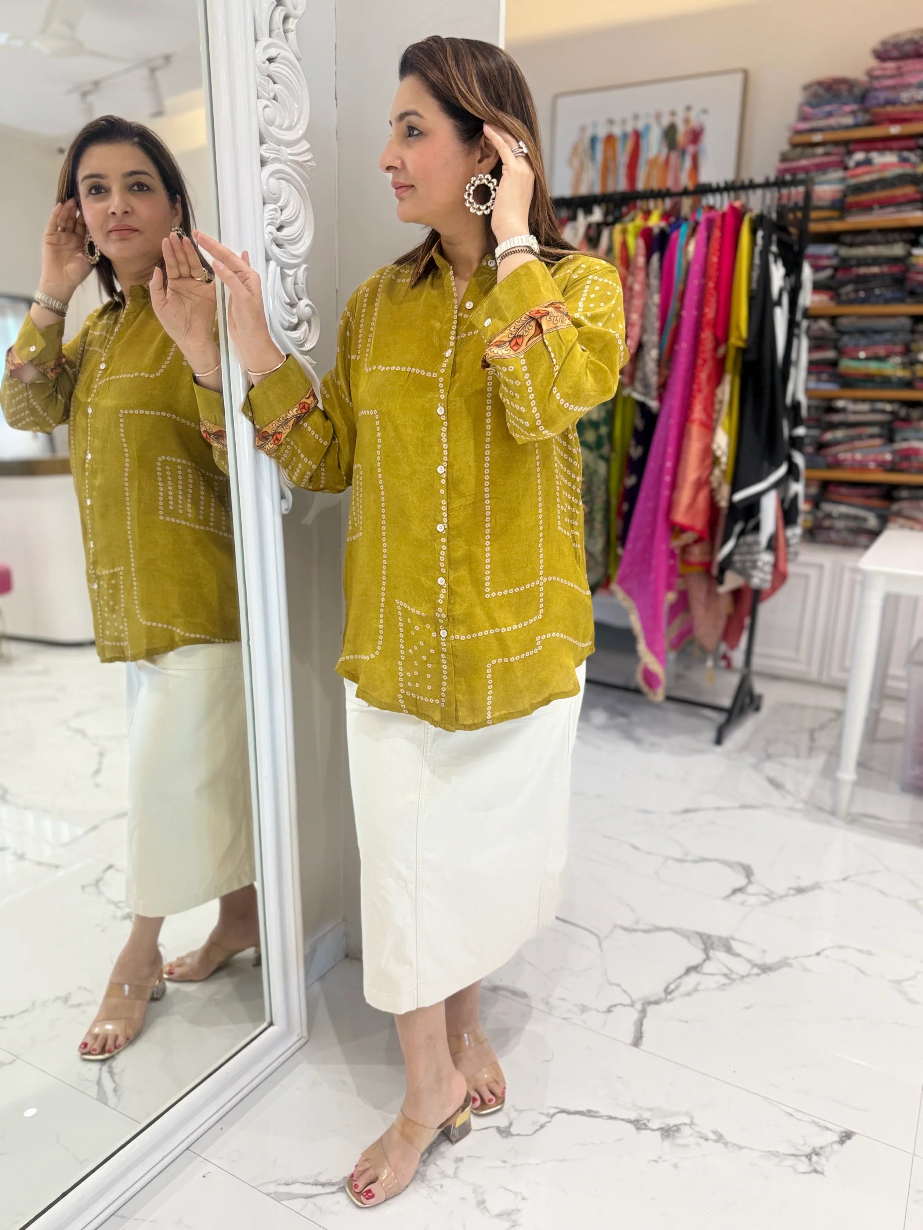 Pure crepe Bandhni kalamkari fusion handwork shirt  -  MEHNDI YELLOW