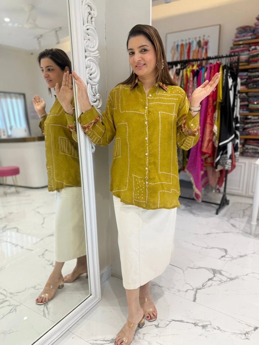 Pure crepe Bandhni kalamkari fusion handwork shirt  -  MEHNDI YELLOW