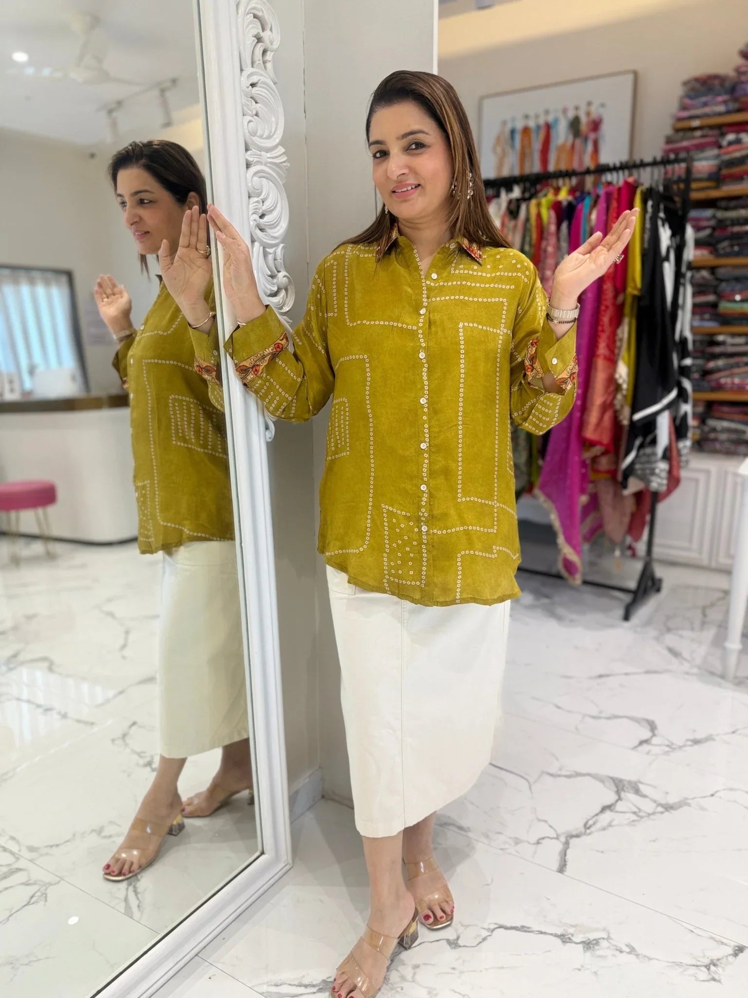 Pure crepe Bandhni kalamkari fusion handwork shirt  -  MEHNDI YELLOW