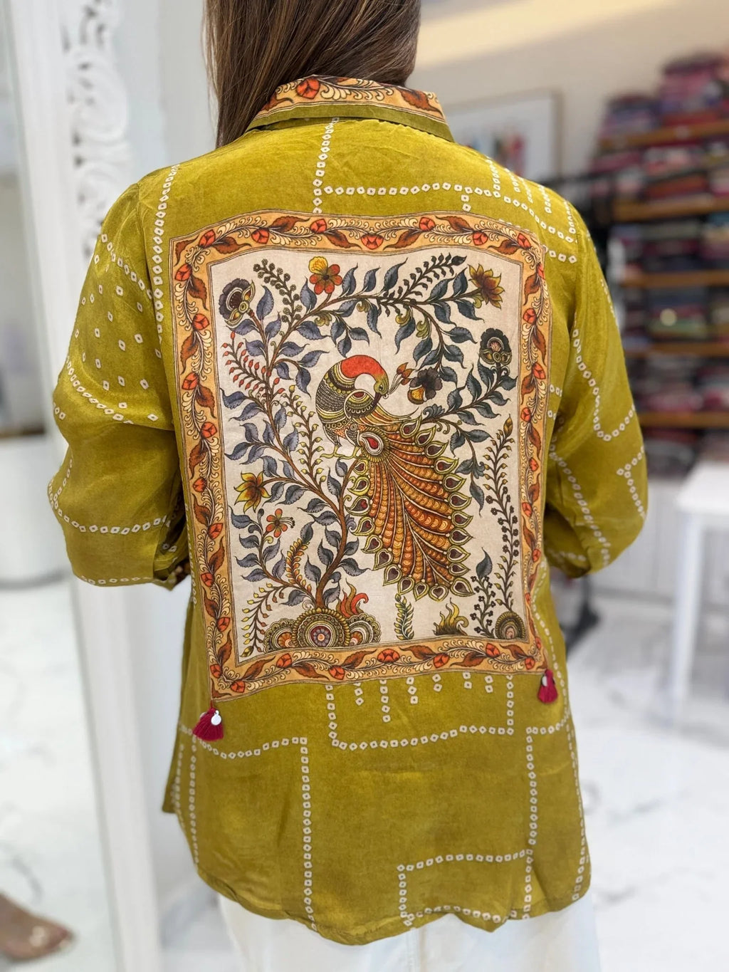 Pure crepe Bandhni kalamkari fusion handwork shirt  -  MEHNDI YELLOW